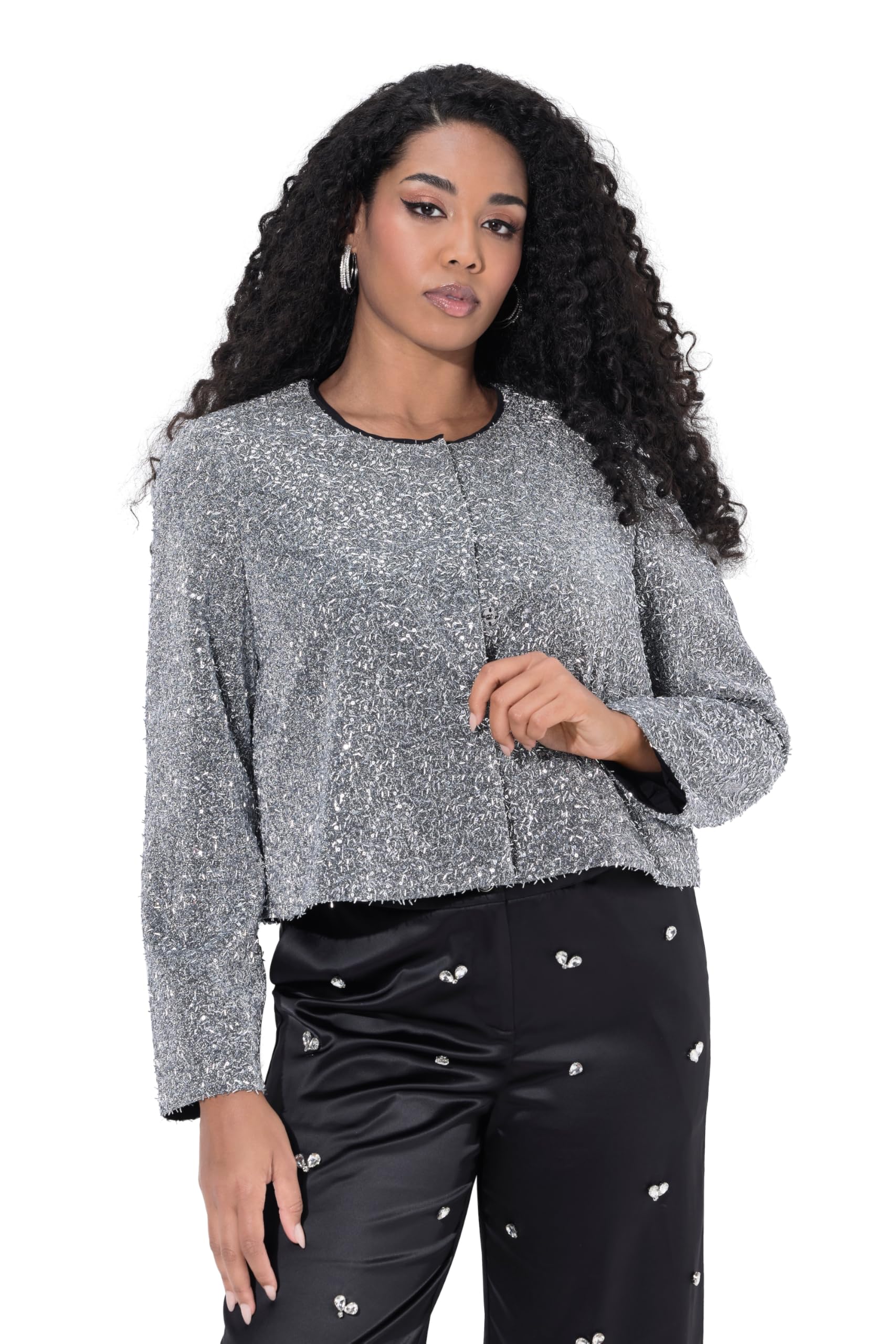 Ulla Popken Damen große Größen Übergrößen Plus Size Bouclé-Jacke, Glitter, Boxy, Rundhals, Langarm 842491