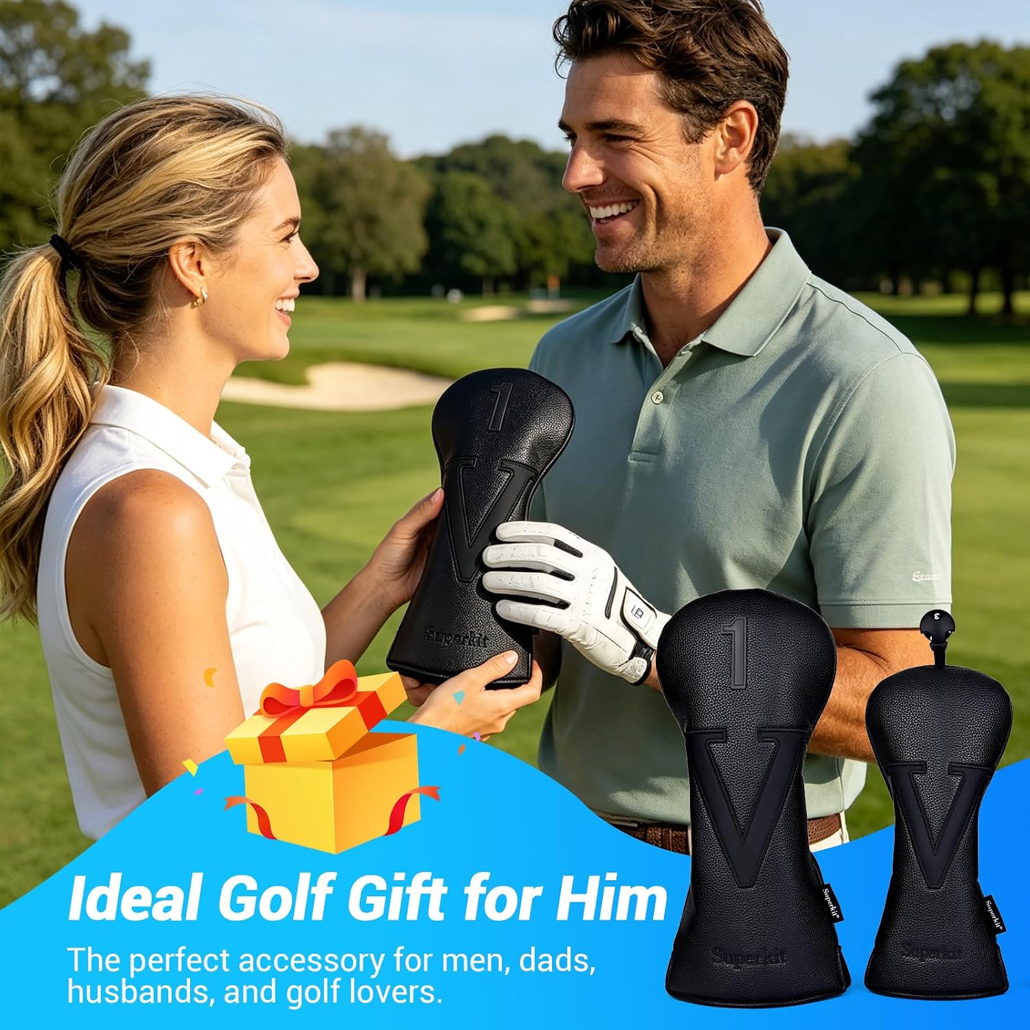 Golf Wood Head Covers Set of 4, PU Leather Golf Club Head Covers for Driver 1 Fairway Woods 3 5 Hybrid (X/UT), Waterproof Protective Wood Headcovers, Universal Fit, Golf Accessories for Men