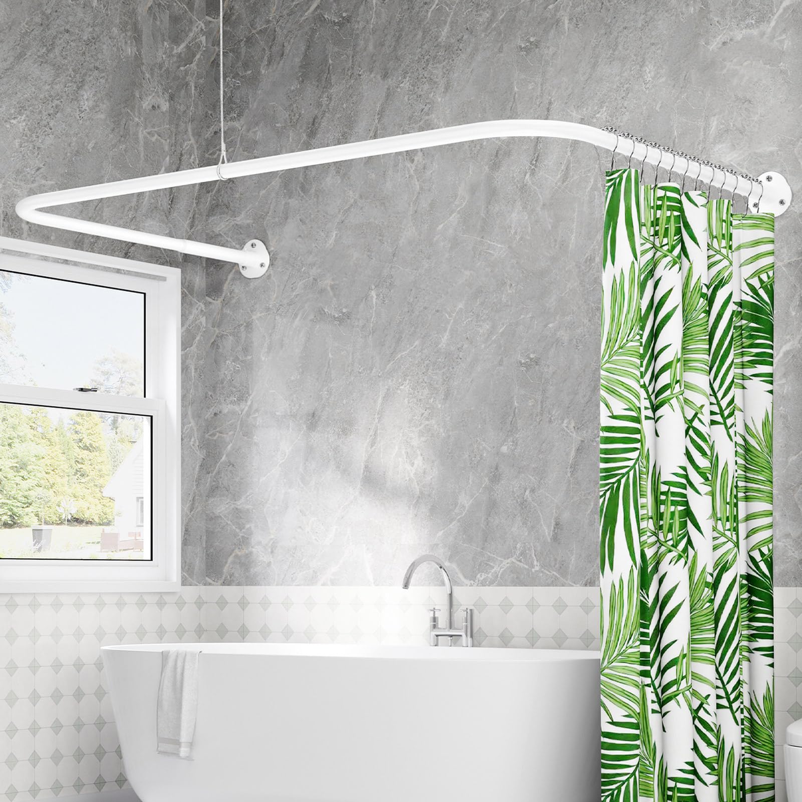Duschvorhangstange U Form & L Form, (60-93) X (77-197) X (60-93) CM Verstellbare Duschstange U Form mit 12 Vorhangringen und Deckenstütze für Badewanne/Dusche, Bohren Erforderlich - Weiß