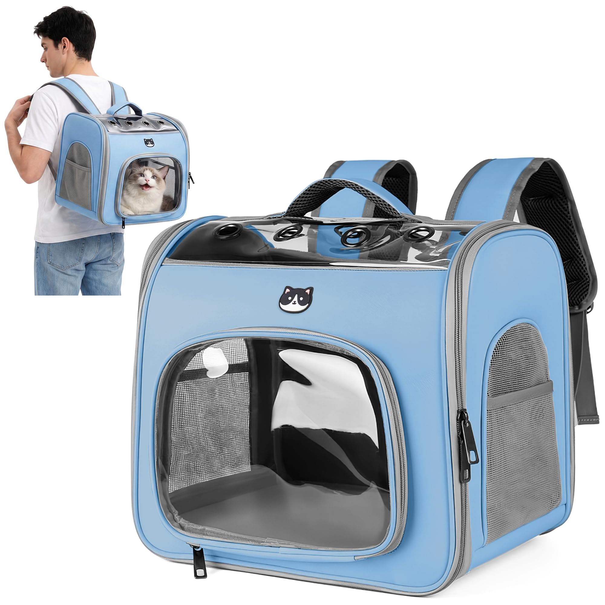 ALLSOPETS Foldable Cat Carrier Backpack with Bubble Window and Safety Hook, Breathable Pet Backpack for Small Dogs and Cats, Ideal for Travel Hiking Walking (Ice Blue)