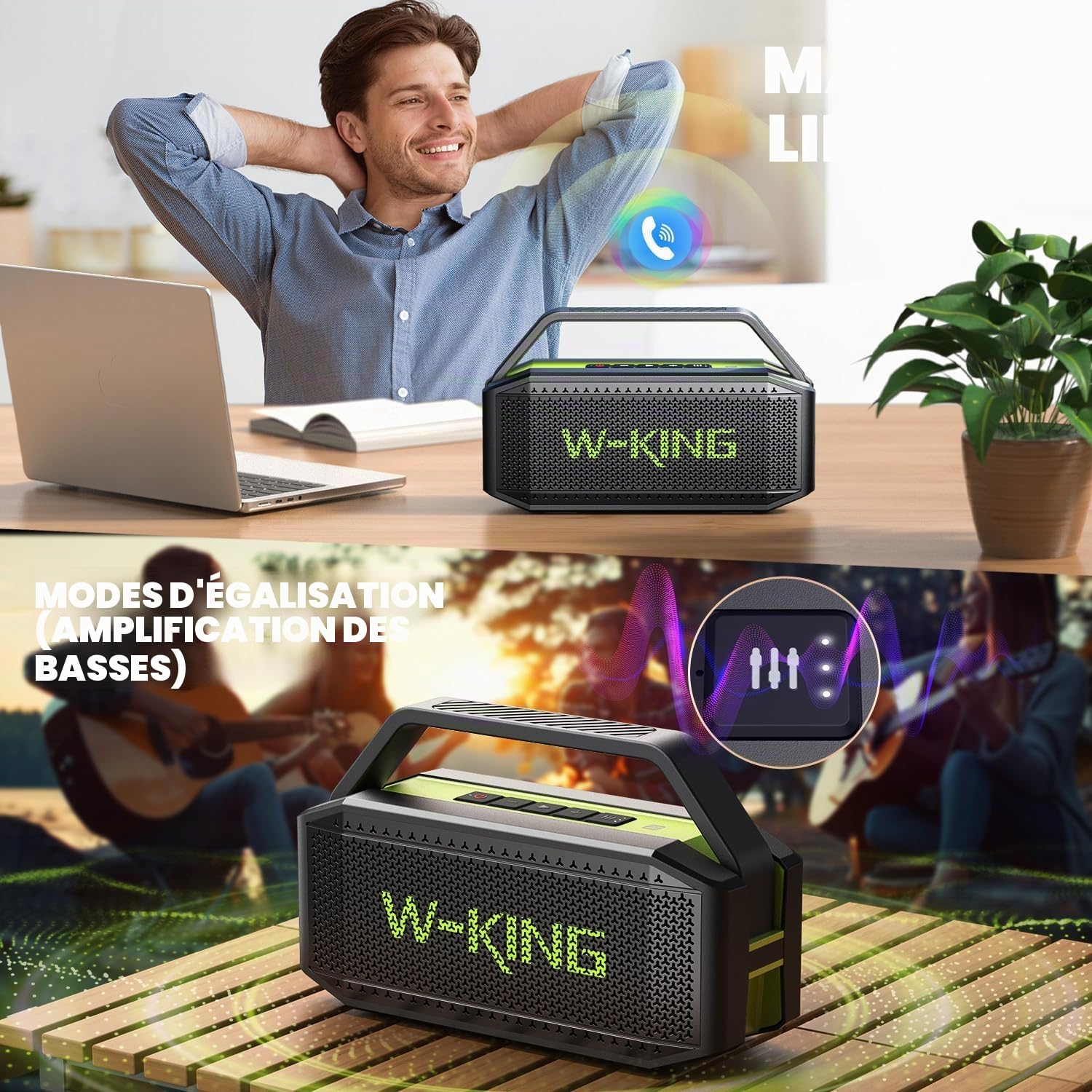 W-KING Enceinte Bluetooth Puissante, (100W Max)60W Haut Parleur Chantier Etanche Portable sans Fil Bluetooth Speaker Outdoor Boombox avec des Deep Bass, Powerbank, Autonomie 40 Hrs, AUX, Carte TF, EQ