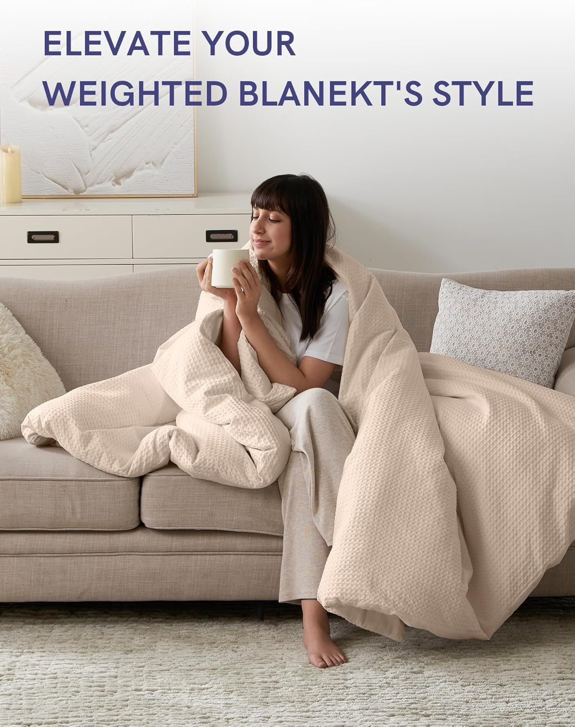 YnM Cotton Waffle Weave Duvet Cover for Weighted Blankets with 16 Strings (Oatmeal,48''x72'')