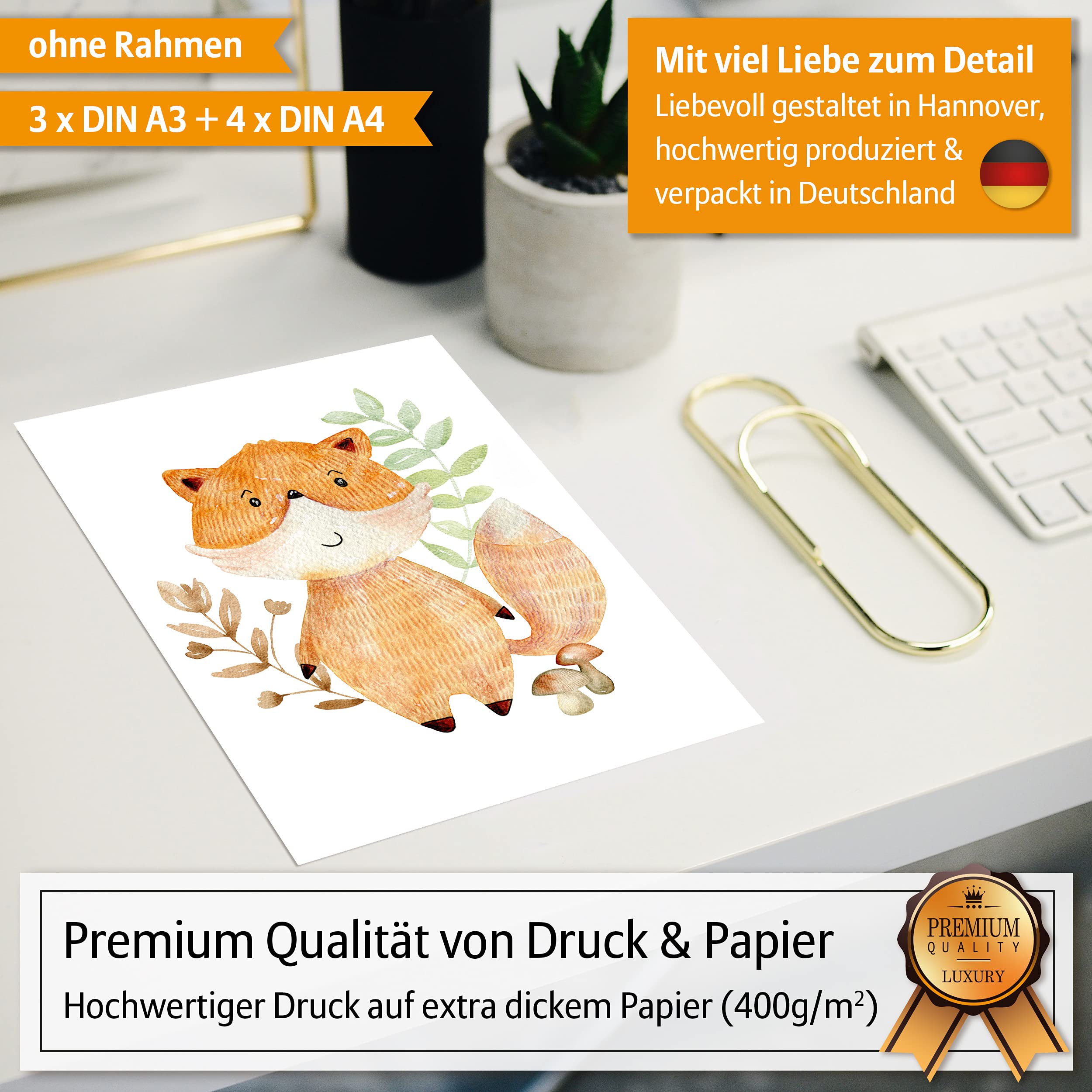Hyggelig Home Set di poster di alta qualità, 7 immagini per la cameretta dei bambini, motivo animali, astratto, set acquerello