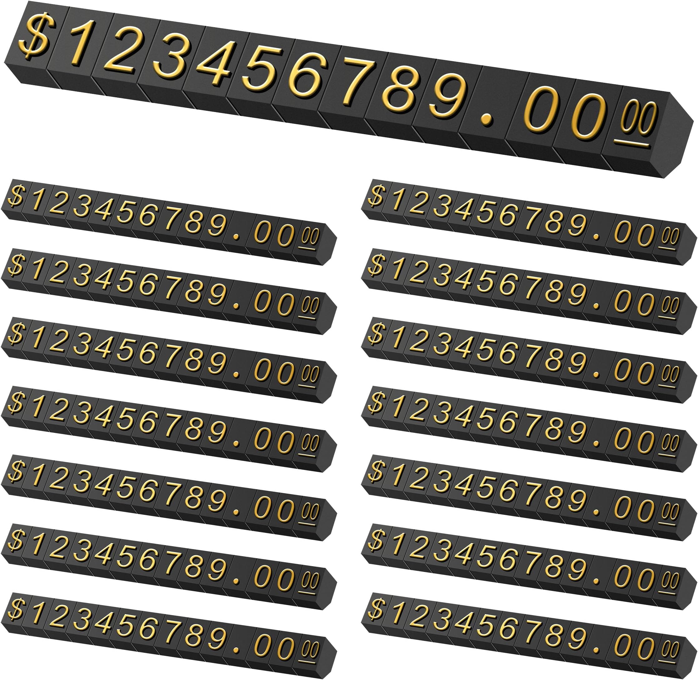 Lesnala 40 Sets Price Display Cube Adjustable Removable Mini Tag Number Letter Dollar Block Kit for Store Jewelry Retail Shop Gold on Black 2.28 X 0.24inch