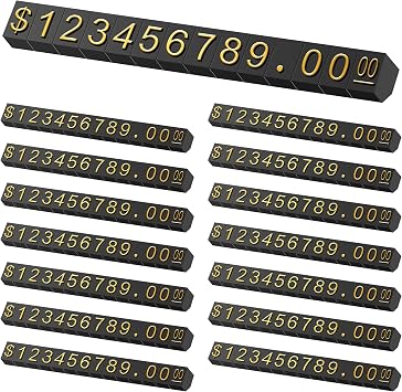 Lesnala 40 Sets Price Display Cube Tag Kit for Retail Jewelry Shop | Adjustable, Removable, Mini Tag Number ,Letter Dollar Block Kit, for Store Shelf Counter ,Gold on Black, 2.28 X 0.24inch