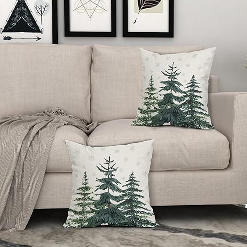 Miniatura 3 de Fundas de almohada de copos de nieve de 18 x 18 pulgadas, paquete de 2 fundas de almohada de invierno verde bosque, fundas de almohada de Navidad,