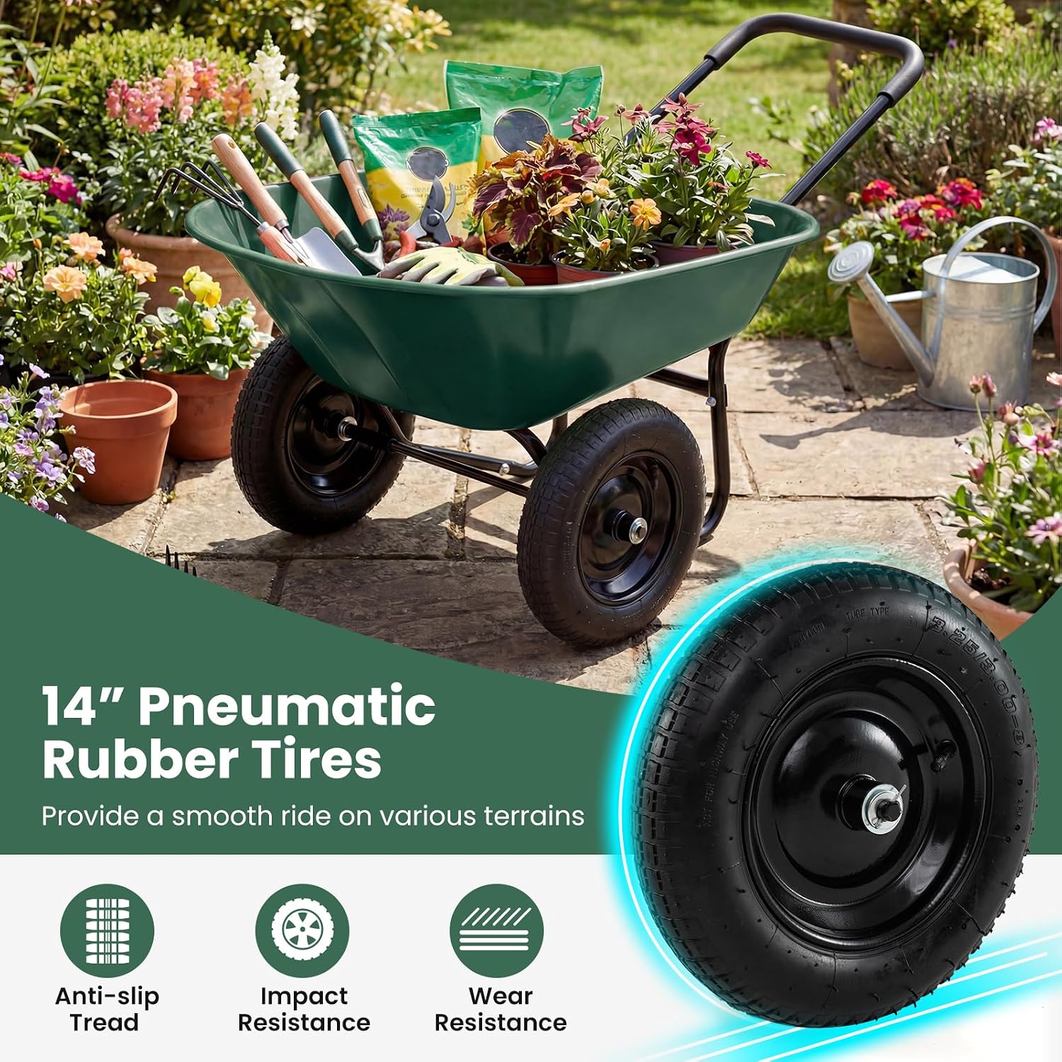 2 Wheel Wheelbarrow, 330 LBS Capacity Yard Cart w/All-Terrain Pneumatic Tires & Padded Handlebar, Large Heavy Duty Garden Cart for Lawn, Yard, Farm, Gardening & Planting (Dark Green)