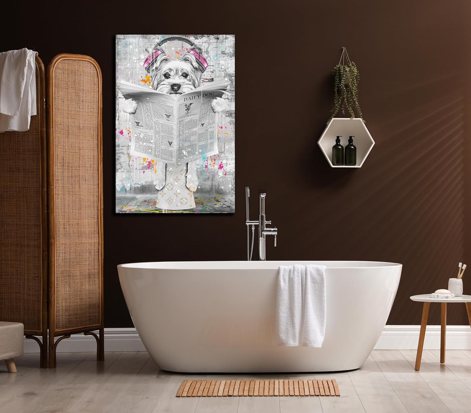 ENTANUB Bathroom Decor Wall Art, Black and White Graffiti Dog Canvas Print Painting, Funny Animal Picture for Bedroom, Size 24x36 Inches