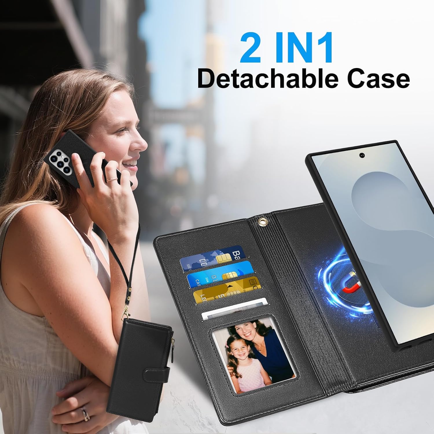 Harryshell 2 in 1 for Samsung Galaxy S24 Ultra Wallet Case Magnetic Compatible with Magsafe RFID Blocking Card Holder Detachable Phone Cover Zipper Purse Kickstand Wrist Strap for Men Women Black - Image 2