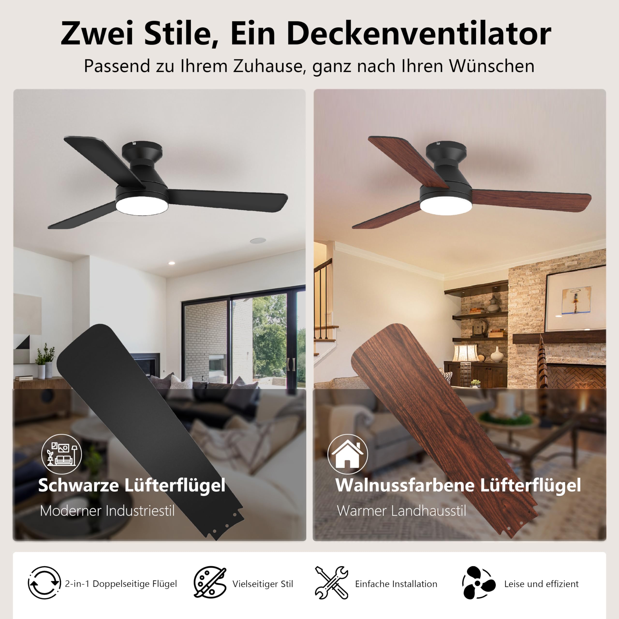 Deckenventilator mit Beleuchtung und Fernbedienung 107cm, Deckenventilator mit Licht Dimmbare LED, 3 Flügel, 6 Stufen, Leiser DC-Motor, Wendeflügel für Schlafzimmer und Wohnzimmer, Schwarz