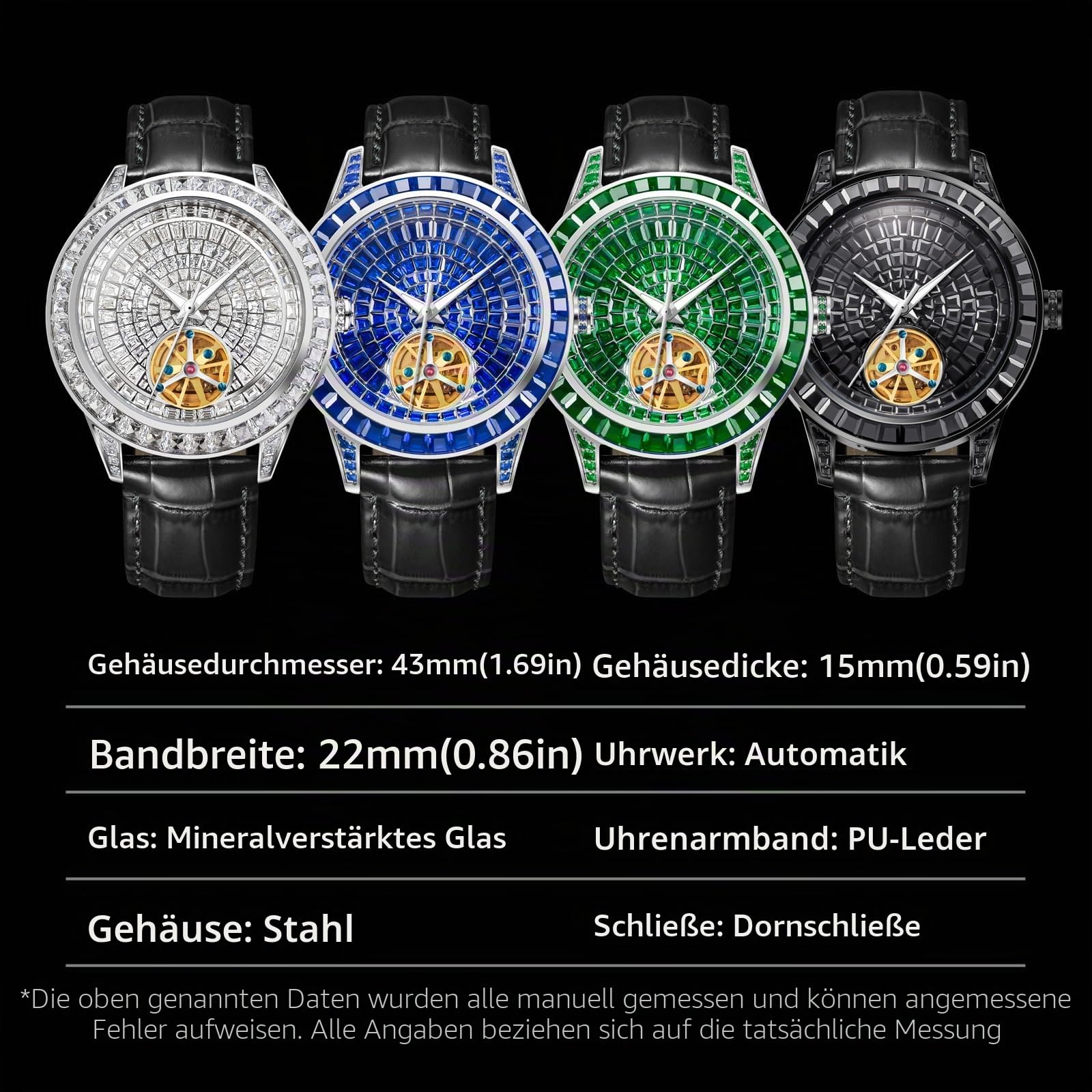 Strassverzierte Herrenuhr Automatik, Lederarmband Automatik Uhr Herren, Hochwertige Uhren Herren mit Glänzendem Strass Design, Automatikuhr Herren