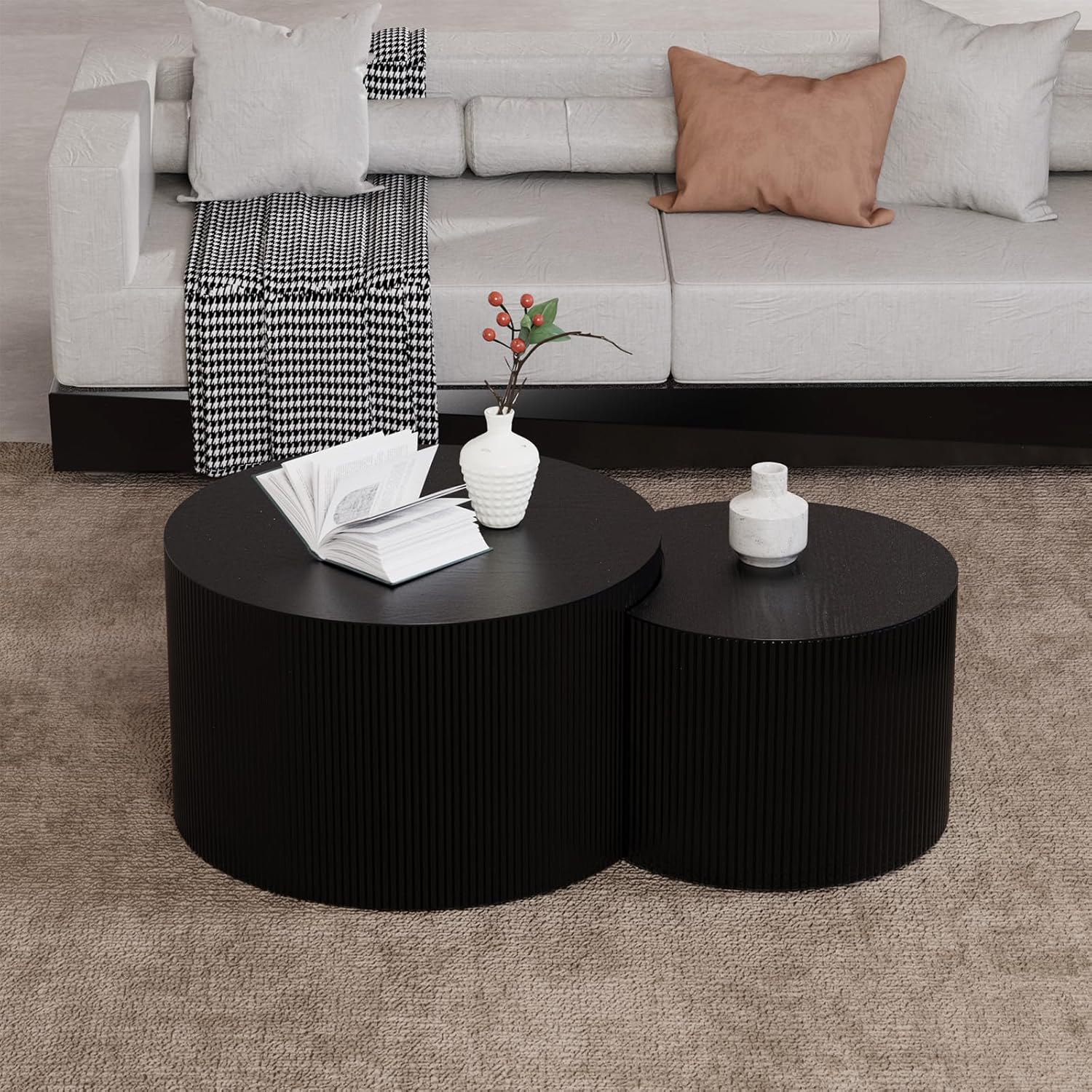 Round Nesting Coffee Table,Modern Fluted Coffee Tables Set of 2, Circle Vertical Stripe Design Drum Center Table Crescent Side Accent and Tables for Living Room (Black)