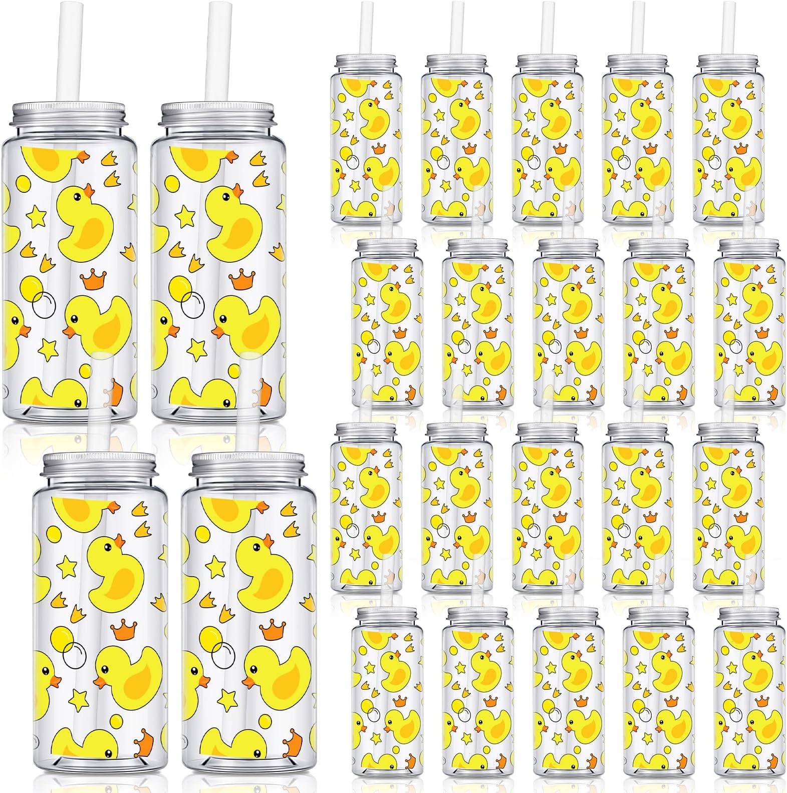24 Pcs Plastic Cups with Lids and Straws 14.2 oz Reusable Cups with Lids and Straws for Smoothie Coffee Tumbler Bulk Travel Mug for Birthday Party Gifts(Rubber Duck Style)