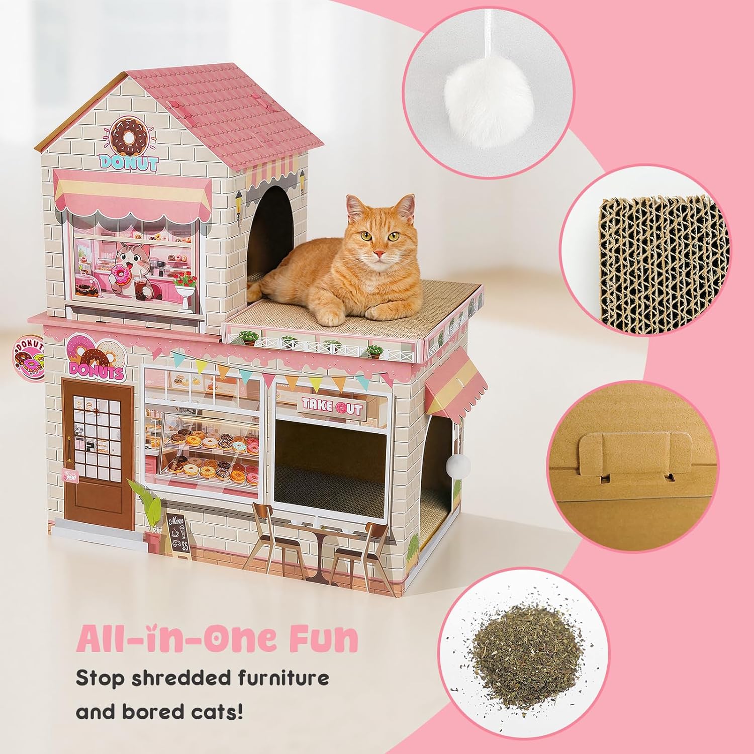 Cardboard Cat Houses for Indoor Cats - Kitten Scratcher Houses & Condos, Donuts Themed Hut Hideout Play House Bed with Scratching Pads, Scratch Box for Large Kitty Rabbit Bunny Small Animals