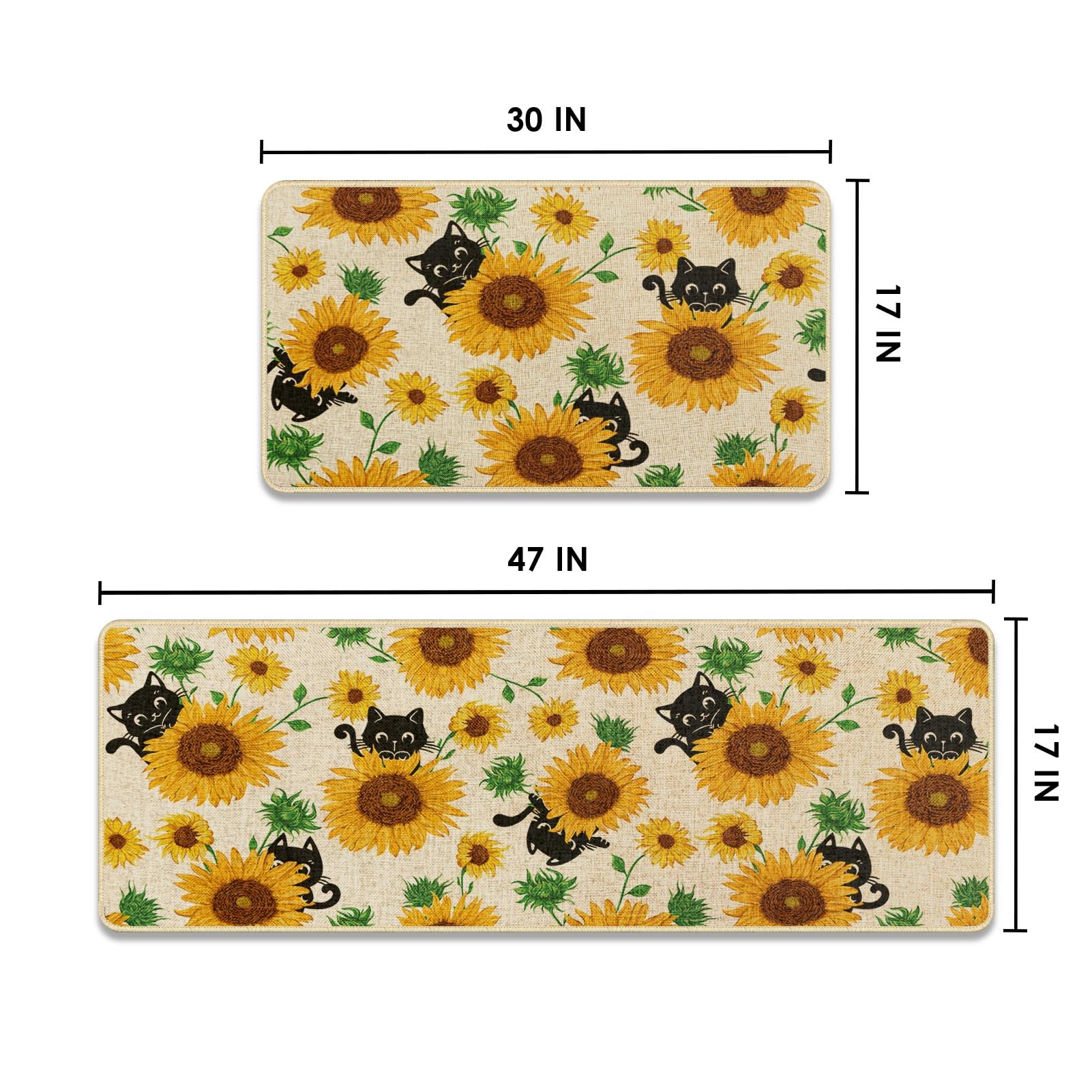 Tayney Summer Sunflower Cat Kitchen Rugs and Mats Non Skid Washable Set of 2, Yellow Mats for Floor, Farmhouse Runner Rug Rustic Kitchen Decor