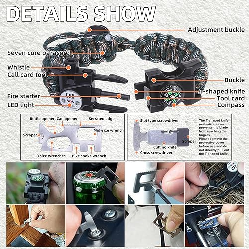 Miniatura 3 de Pulsera de cuerda de paracaídas de supervivencia ajustable, paquete de 2 kits de inicio de fuego de emergencia con silbato fuerte, brújula, luz de