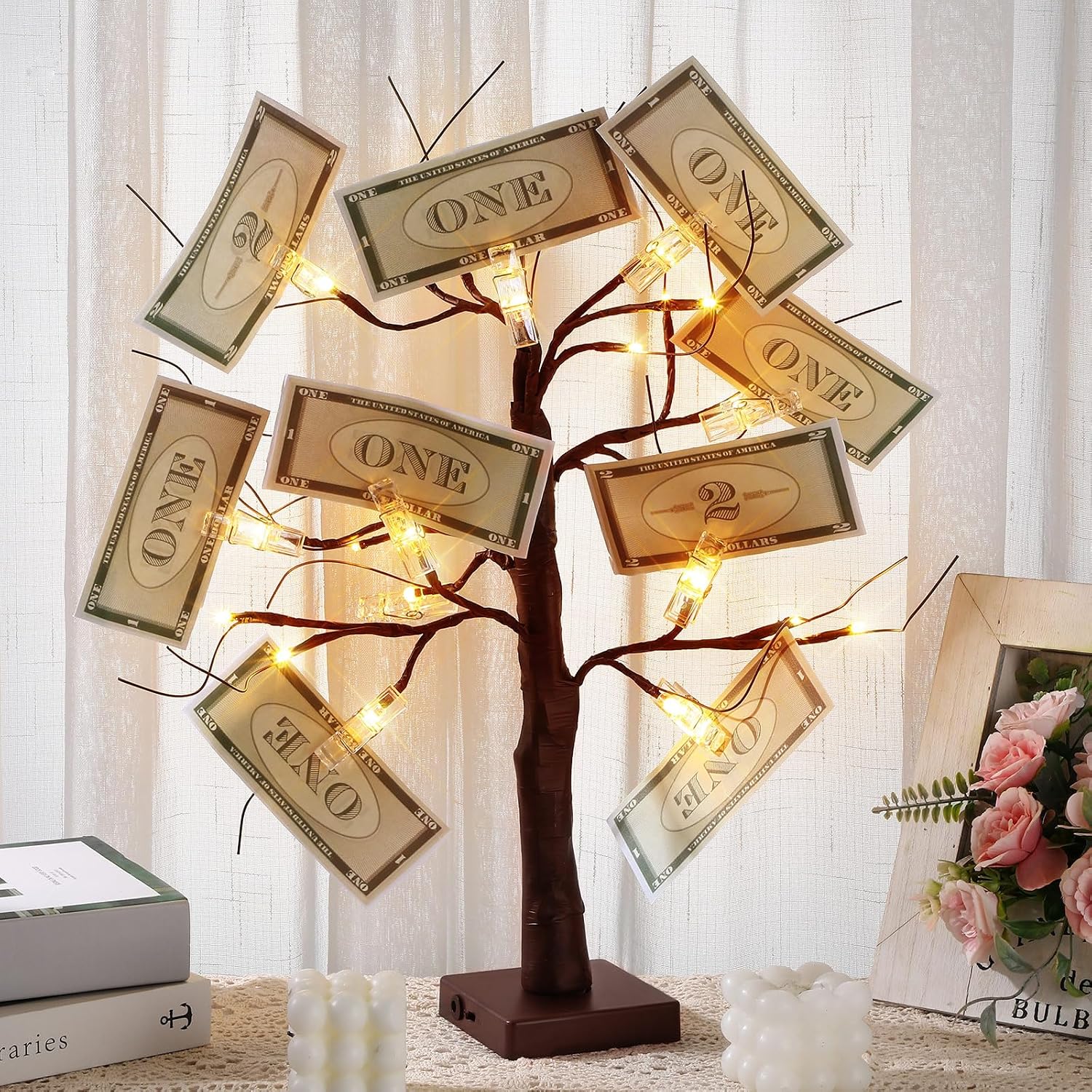 Rossesay 2 Pcs Money Tree,Gift Card Holder for Home Birthday Wedding Father's Day Christmas Graduation Photo Memo,Lighted 2FT Birch Tree with 24 Clips and 48 LEDs (Brown)
