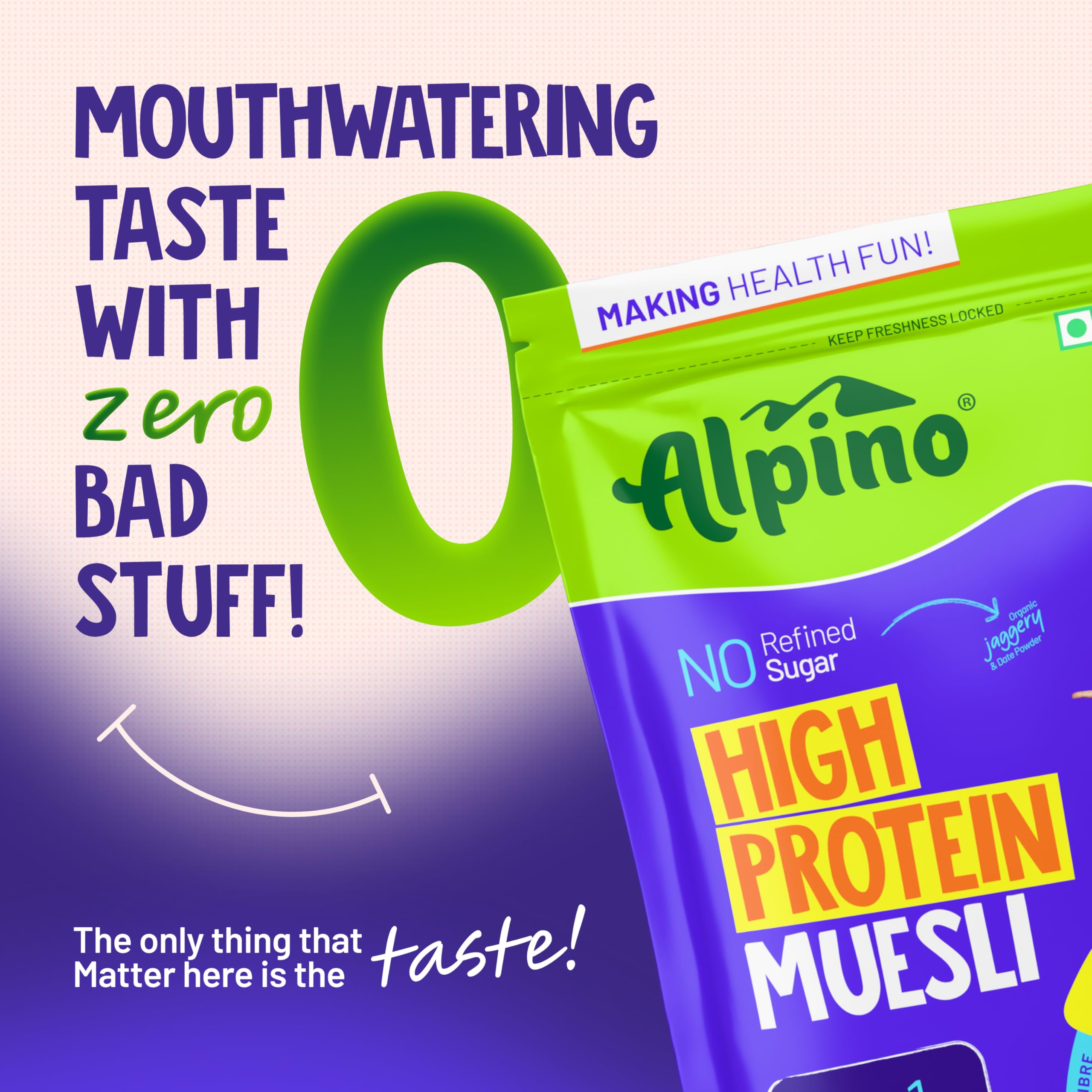 Alpino High Protein Muesli Dark Chocolate, 25g Protein per 100g, No Refined Sugar, 9-in-1 Multigrains Breakfast Cereal with Nuts, Seeds & Dry Fruits, High Fibre Healthy Breakfast, 400g
