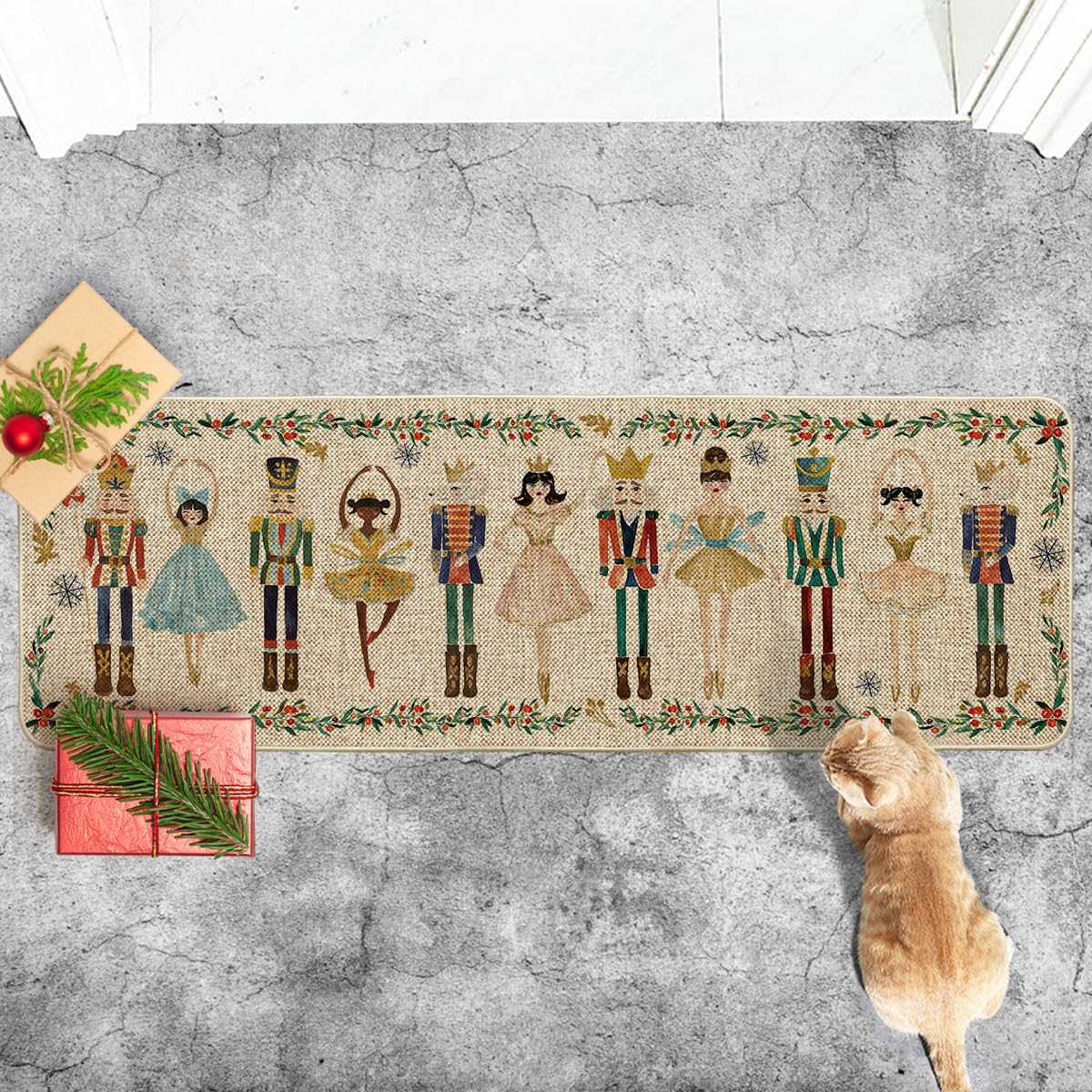 Artoid Mode Watercolor Nutcrackers Merry Christmas Welcome Decorative Doormat, Seasonal Winter Low-Profile Rug Runner Mat for Indoor Outdoor 24x72 Inch