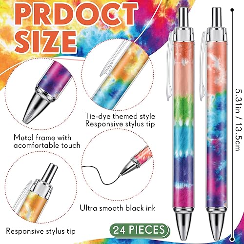 Miniatura 2 de Chuangdi 24 bolígrafos de tinta negra de teñido anudado, punta fina de 0.039 pulgadas, bolígrafos retráctiles reutilizables para oficina, escuela,