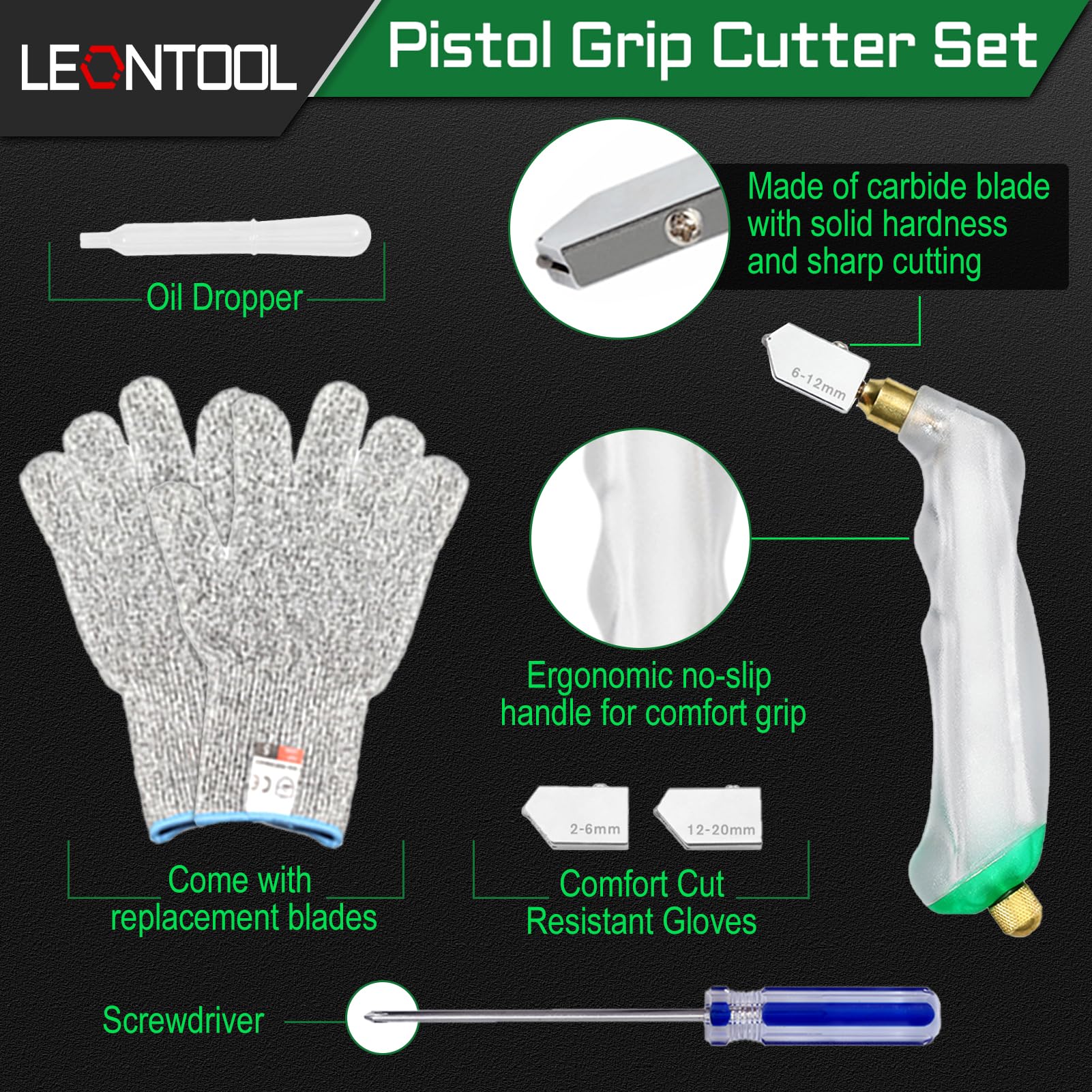 LEONTOOL Juego de 20 herramientas de mosaico de 8 pulgadas con ruedas de vidrio para azulejos con rueda de corte de repuesto y alicates de vidrio para correr, alicates Grozer Kit de cortador
