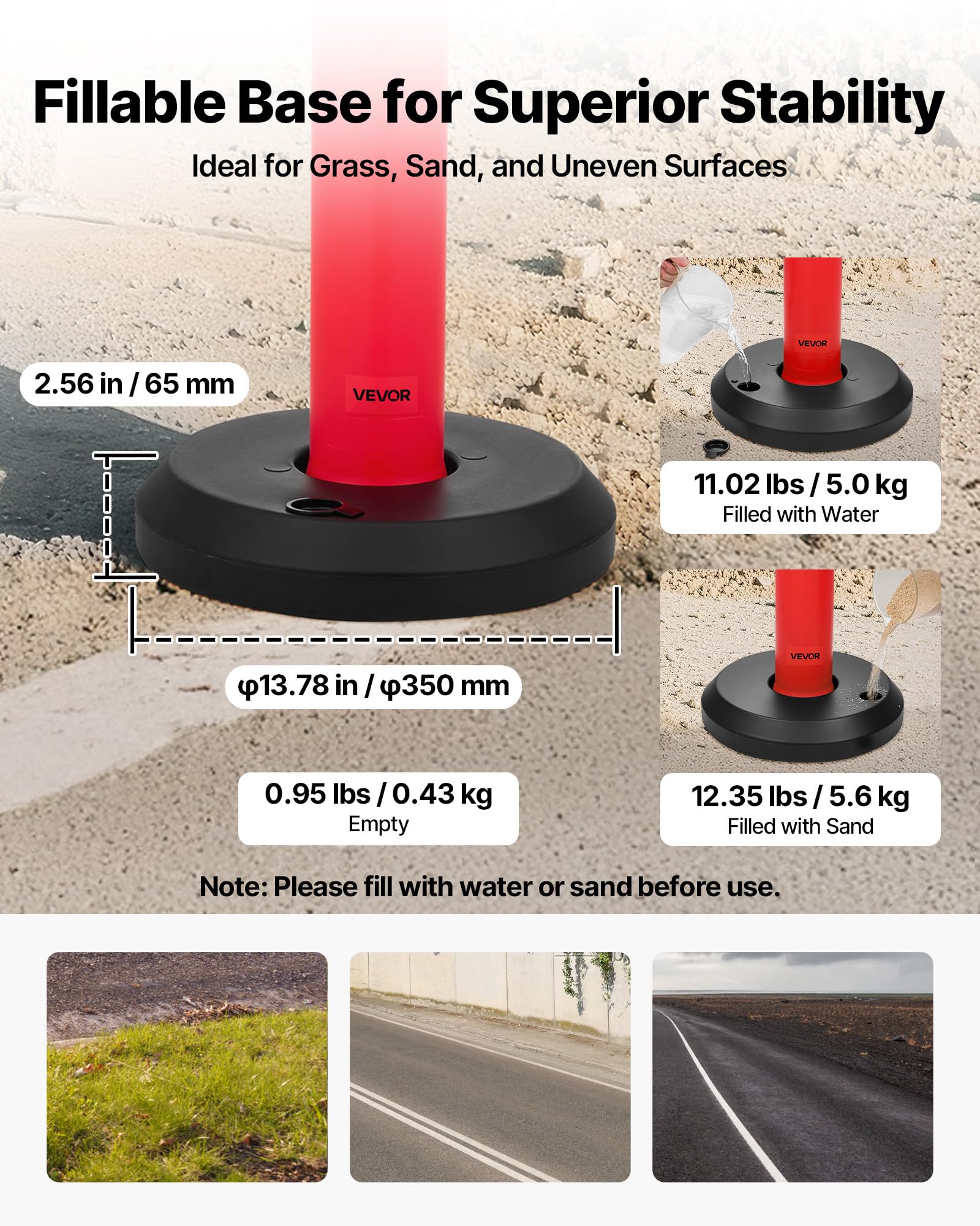 VEVOR Postes de Tráfico 9 Piezas Bolardo 1140 mm Base Rellenable Banda Reflectante Rojo