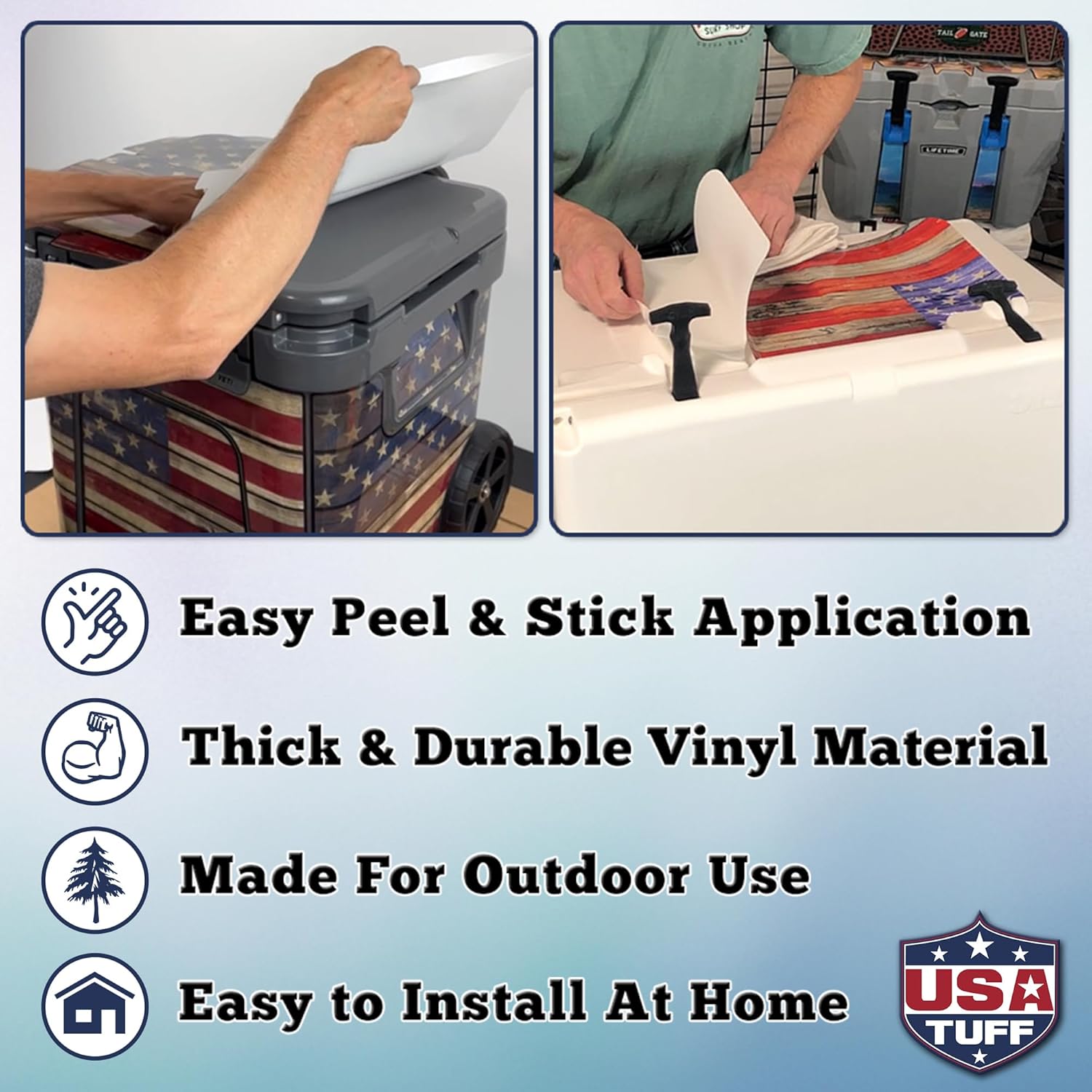 USATuff Vinyl Cooler Lid Kit Compatible with YETI | Easy Peel & Stick Application Cooler Skin Decal Wrap | Durable Pre-Cut Pieces | Made for Outdoor Use - Old Glory Flag Design