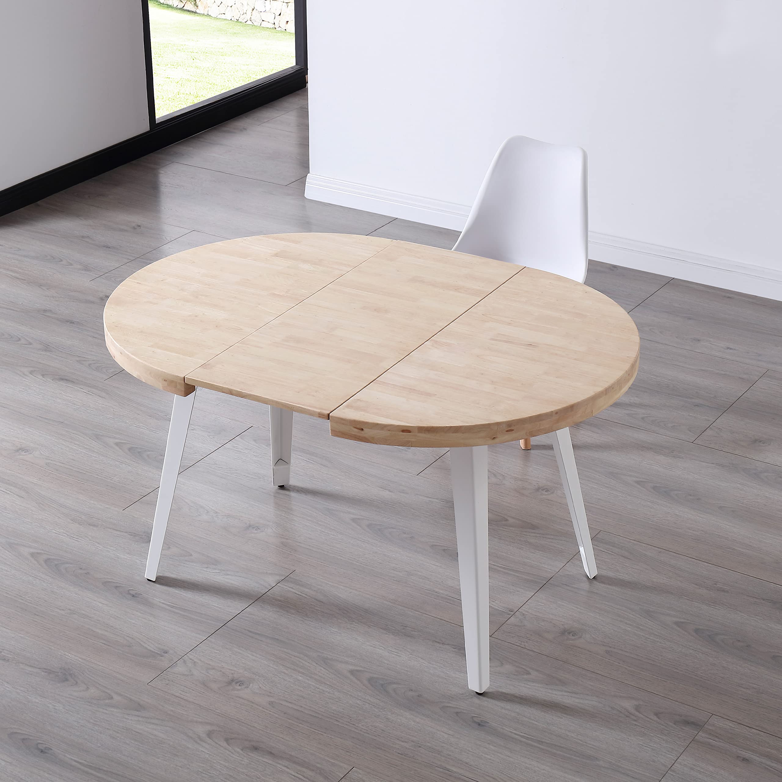 Adec Group Berg, Mesa de Comedor Redonda Extensible, Mesa 2 Tramos, Acabado en Roble y Blanco, Medidas: 100-140 - 180 cm (Largo) x 100 cm (Ancho) x 78 cm (Alto)