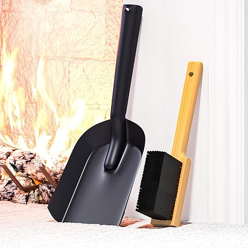 Kingson Pala de chimenea y cepillo negro, juego de recogedor pequeño, acero duradero, juego con recogedor de chimenea y cepillo, pala de carbón