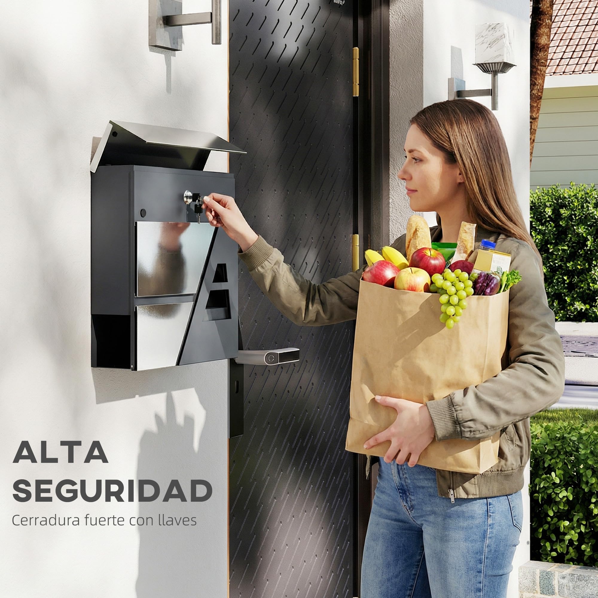 HOMCOM Buzón Exterior de Acero Inoxidable, 13 L, Buzón de Pared Correo con Cerradura y 2 Llaves, Cierre Silencioso, Tapa Antilluvia, Soporte para Periódicos, Moderno, Fácil de Instalar, Gris Oscuro