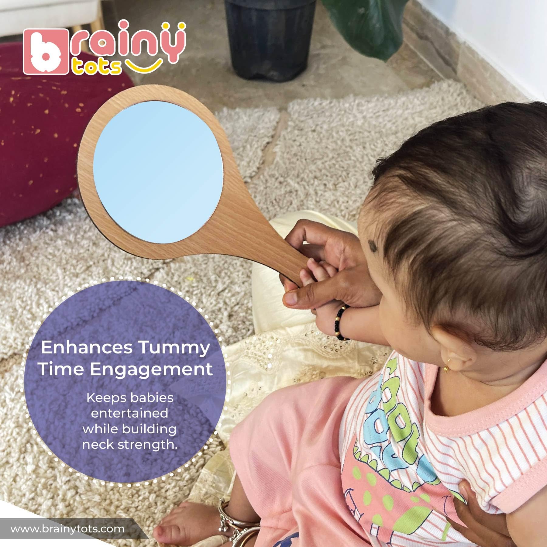 Brainytots Wooden Hand Mirror for Kids | Montessori Learning Toy for Early Education, Self Awareness, Hand Eye Coordination, & Grasping Skills Development | Educational Gift for Toddlers 4