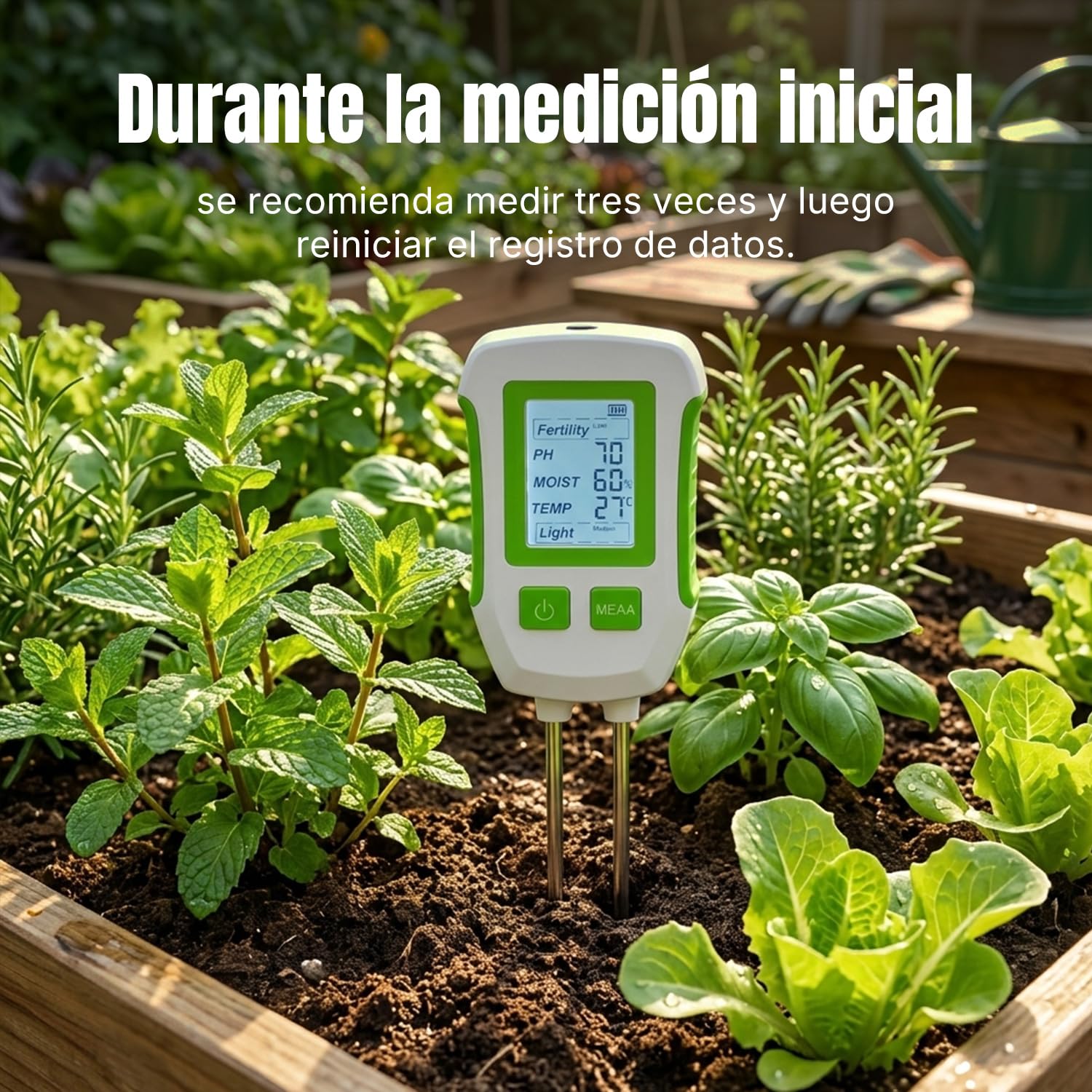 Mcbazel Medidor de Suelo 5 en 1, Multifuncional Analizador de Tierra para pH, Fertilidad, Humedad, Temperatura y Luz, Sensor de Doble Sonda con Apagado Automático para Jardín y Agricultura