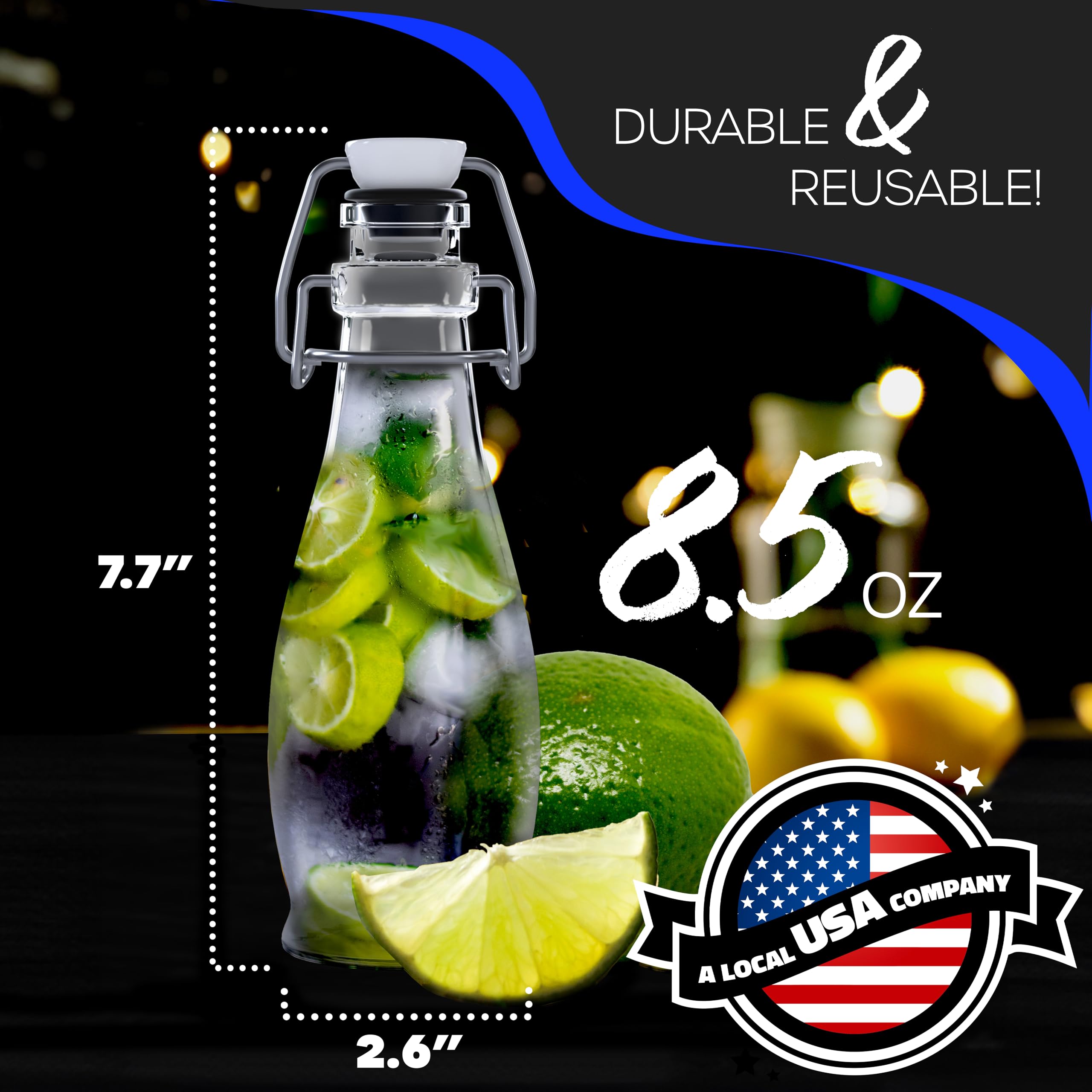 Nevlers Paquete de 12 botellas de vidrio con tapa abatible de 250 ml, botellas de vidrio transparentes con tapa, embudo plegable, cepillo de limpieza y marcador dorado, para uso como tarros de