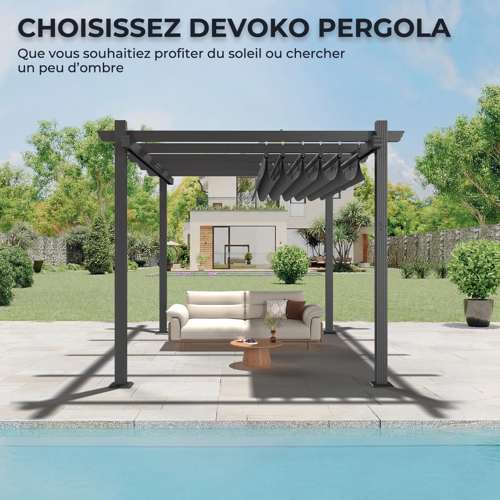 Devoko Pergola Aluminium 4x3, Pergola Jardin Exterieur, avec Fixations Magnétiques et Zone d'ombrage Réglable, Cadre en Aluminium, Convient pour Les Jardins et Les Cours,Gris
