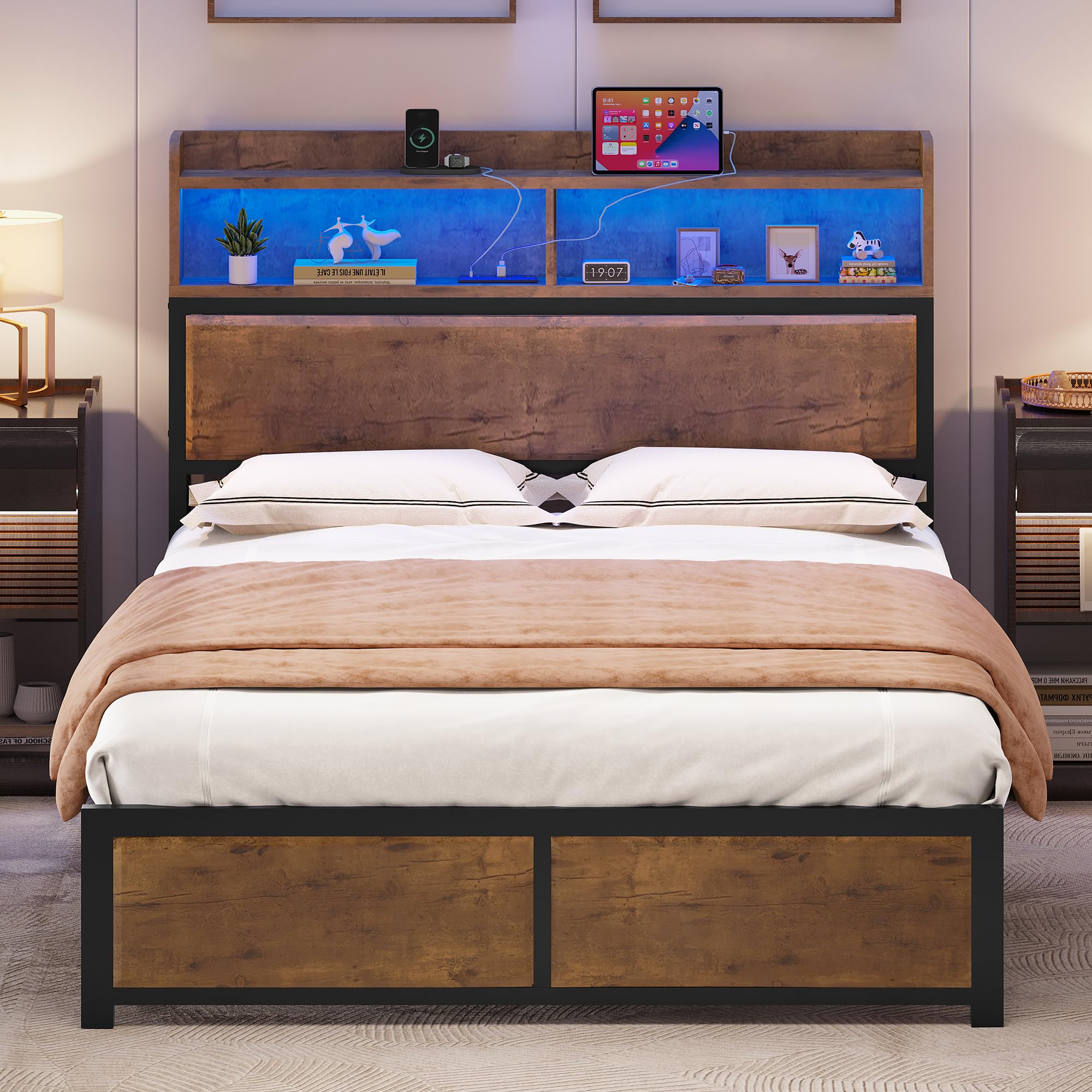 YITAHOME Bed Frame,LED with Headboard,USB Ports & Charging Outlets,Metal Platform Bed Frame with 2 Tiers Storage Shelves, No Box Spring Needed King Size Brown Type