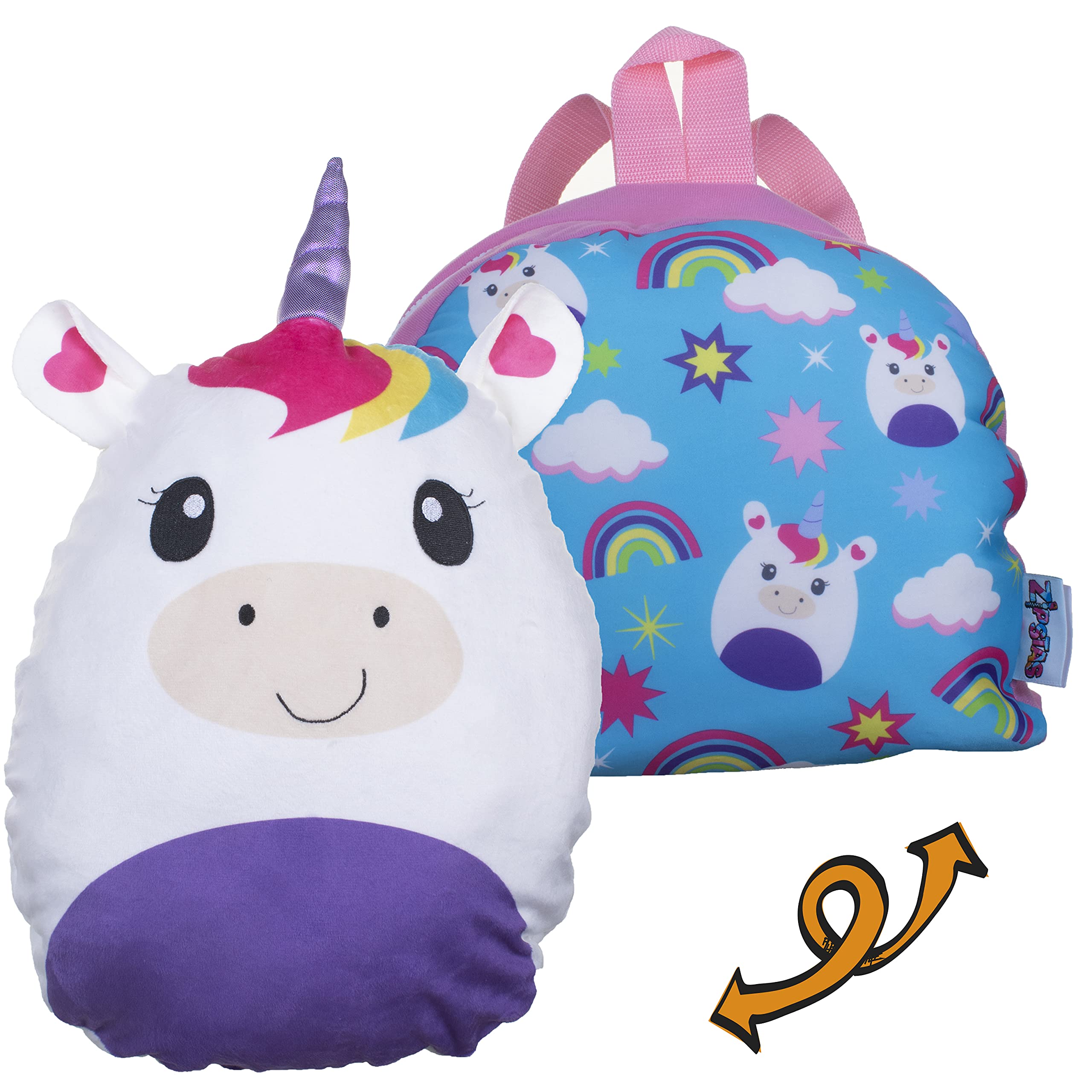 Zipstas Snuggle Pals 2-in-1 Girls Sleepover Bag Reversible Backpack Cuddly Unicorn Soft Toy and Full Sized Bag