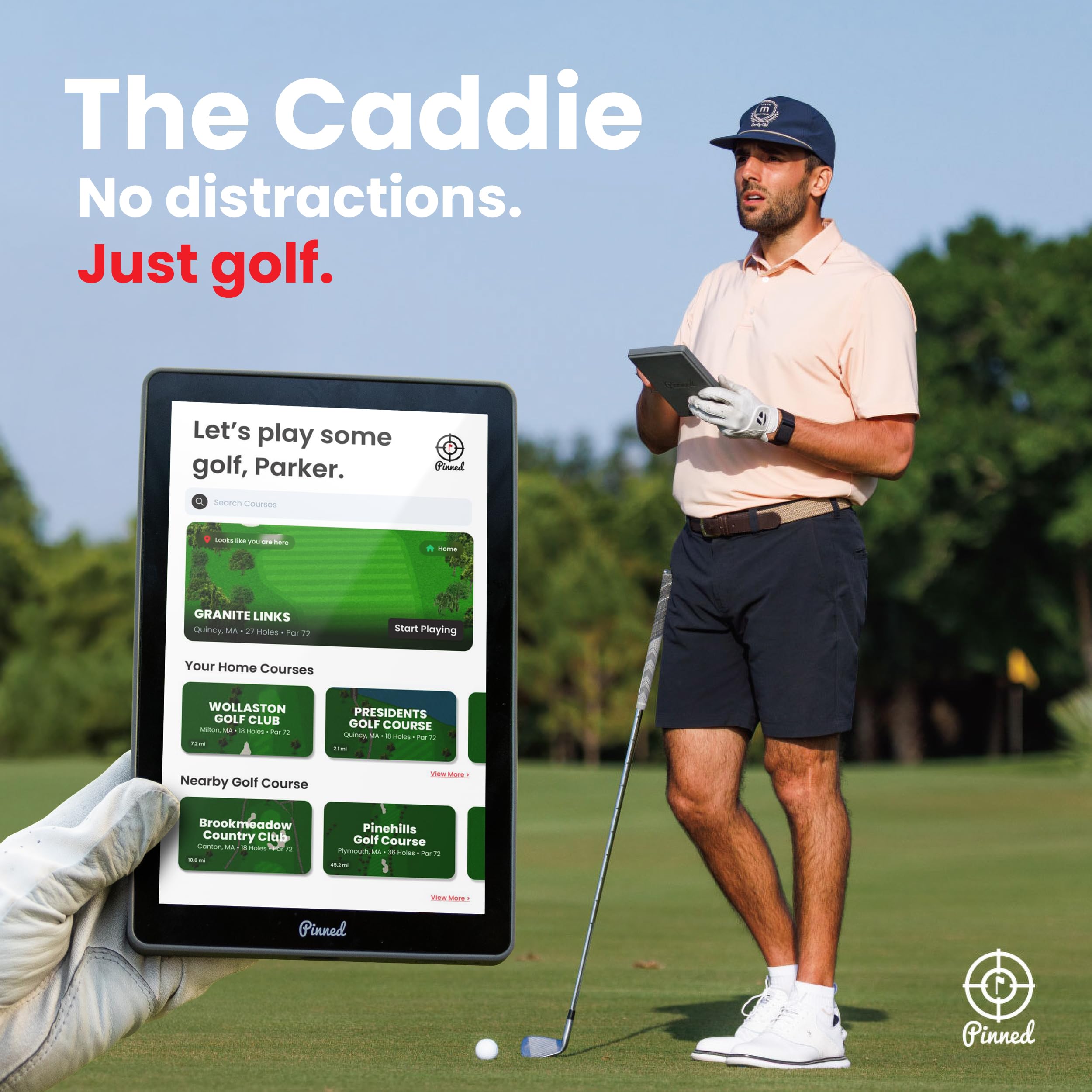 Pinned Golf The Caddie Tragbares Golf-GPS-Gerät, Sonnenlicht-lesbarer 8-Zoll-Bildschirm, 45.000+ Golfplätze, wasserdicht, Touchscreen-Golf-GPS-Handgerät mit fortschrittlicher Analyse, Keine Gebühren