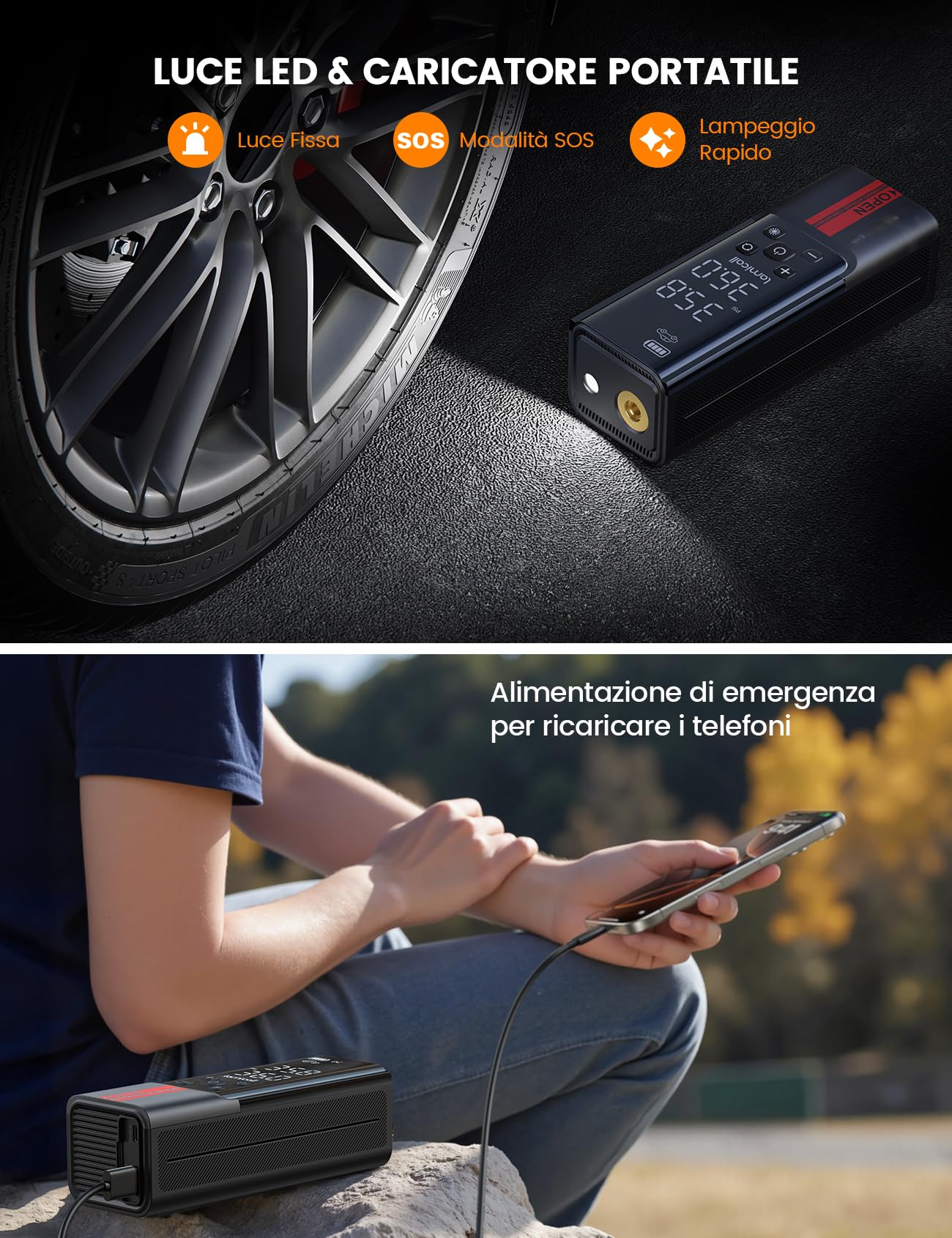 Lamicall Compressore Aria Portatile, Gonfiatore Elettrico Auto - [150 PSI Gonfiaggio Rapido] con Display LCD & Luce LED, Power Bank, Mini Pompa con 3 Ugelli per Auto/Bici/Moto/Palla