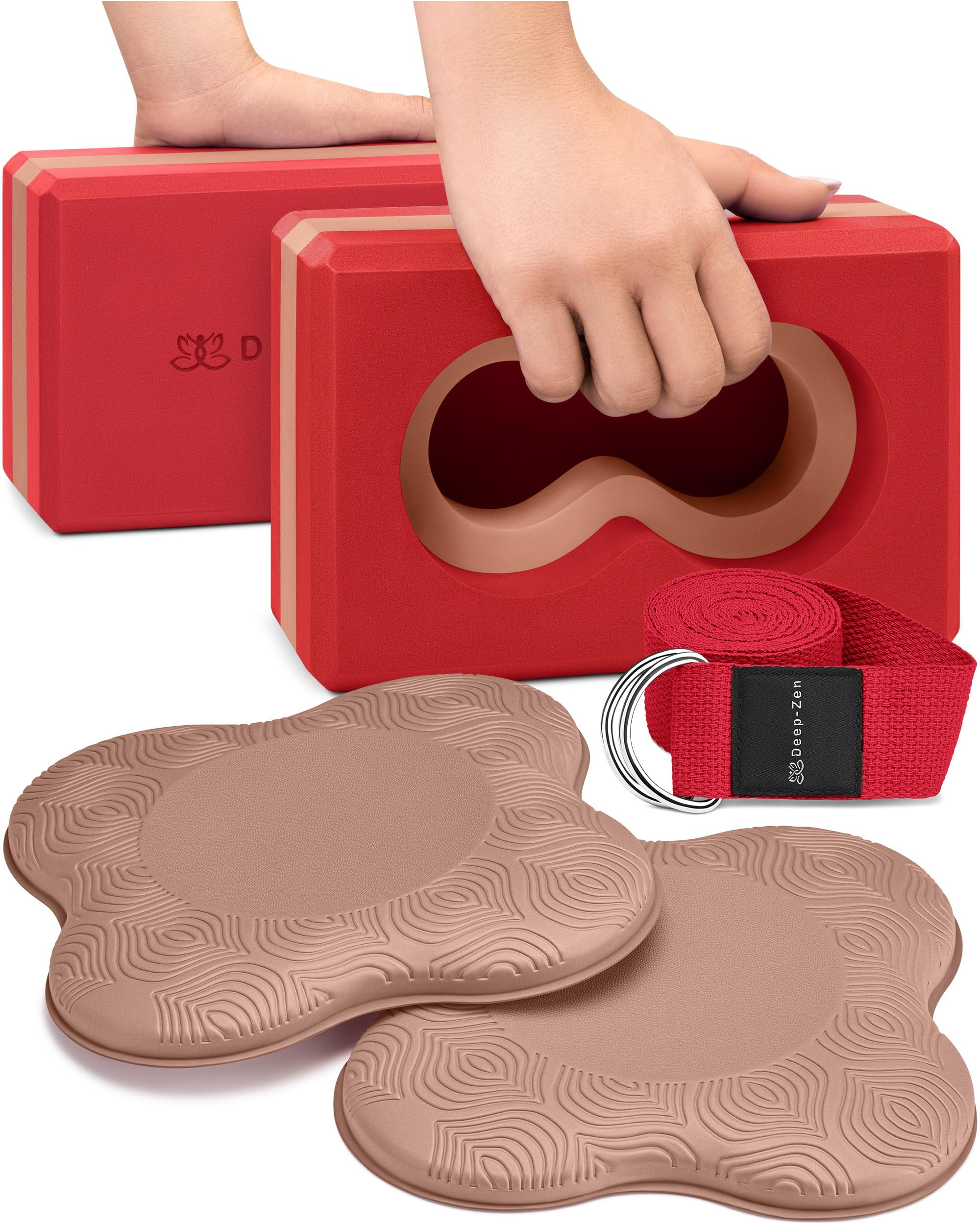 Deep-Zen® Yoga Blocks Wrist Support; Yoga Blocks 2 Pack with Knee Pads and Strap to Put Less Weight on Wrists; Durable, Versatile Yoga Brick Exercise
