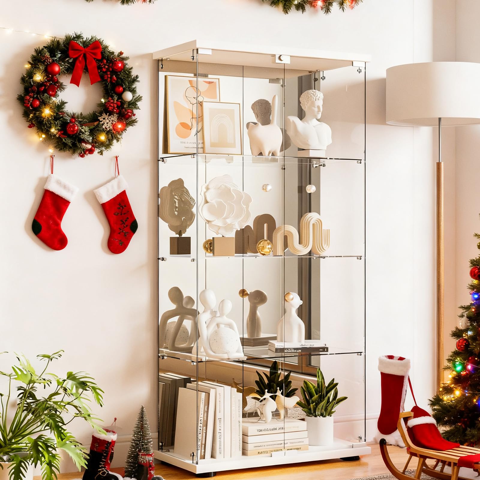 Glass Display Cabinet 4-Shelf with Door, Lock and Mirror,4mm Tempered Glass Floor-to-Ceiling Glass Bookcase for Bedroom, Living Room, White