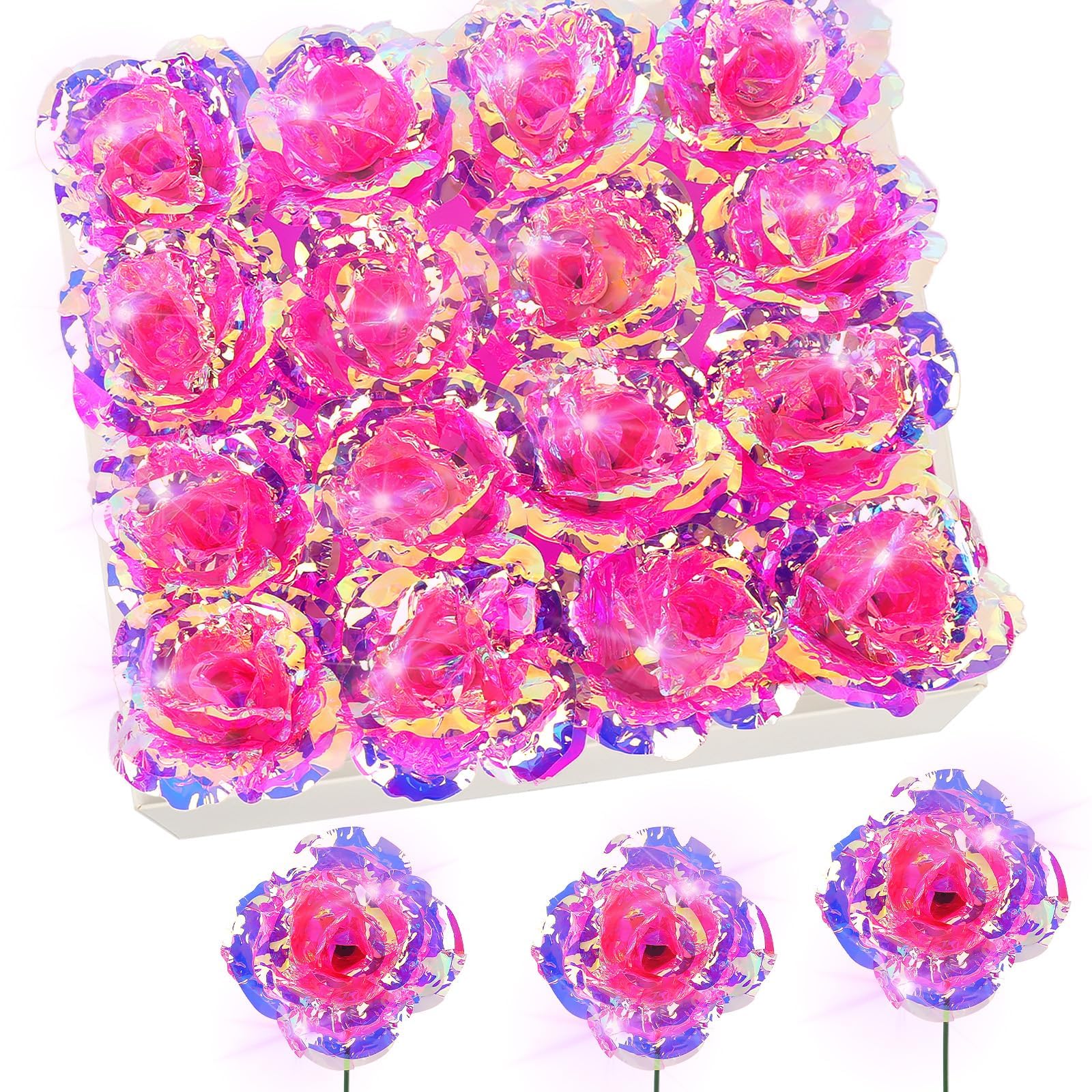 N&T NIETING 16Pcs Artificial Roses Glitter Rainbow Galaxy Roses, Fake Flowers for Wedding Birthday Anniversary Home Decor, Gifts for Women Her Mom Wife Girlfriend (Pink)