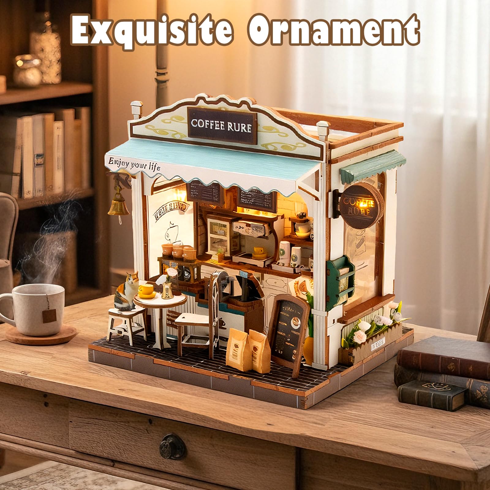 GXNRHG Zestaw miniaturowego domku dla lalek DIY ze światłem LED, kreatywnym rękodziełem i dekoracjami dla dorosłych Nastolatek, świąteczny prezent urodzinowy (kawa Rure)