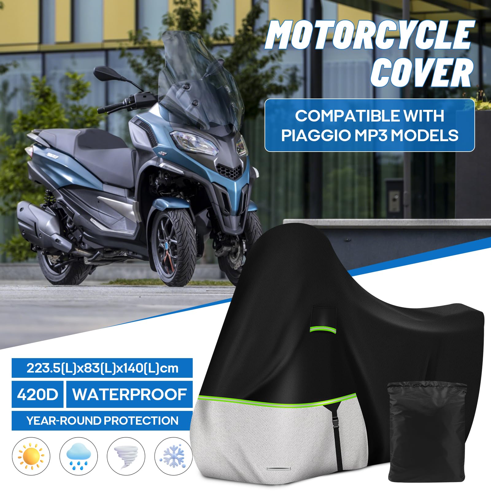 TELO COPRIMOTO PER PIAGGIO MP3 420D Oxford TELO COPRIMOTO IMPERMEABILE ESTERNO CON Fori di bloccaggio e striscia riflettente, per tutte le stagioni per Piaggio MP3 300/400/500/Soprt (senza