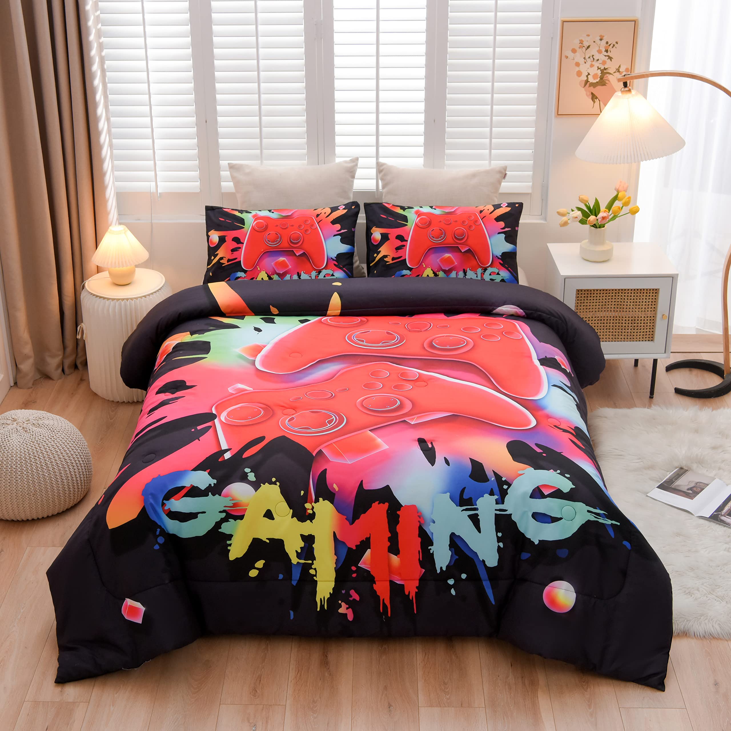 Aimuan Gaming Comforter Sets for Boys Kids Bedding Sets Video Games Console Action Buttons Novelty Colorful Game Gamepad Controller Modern Gamer Room