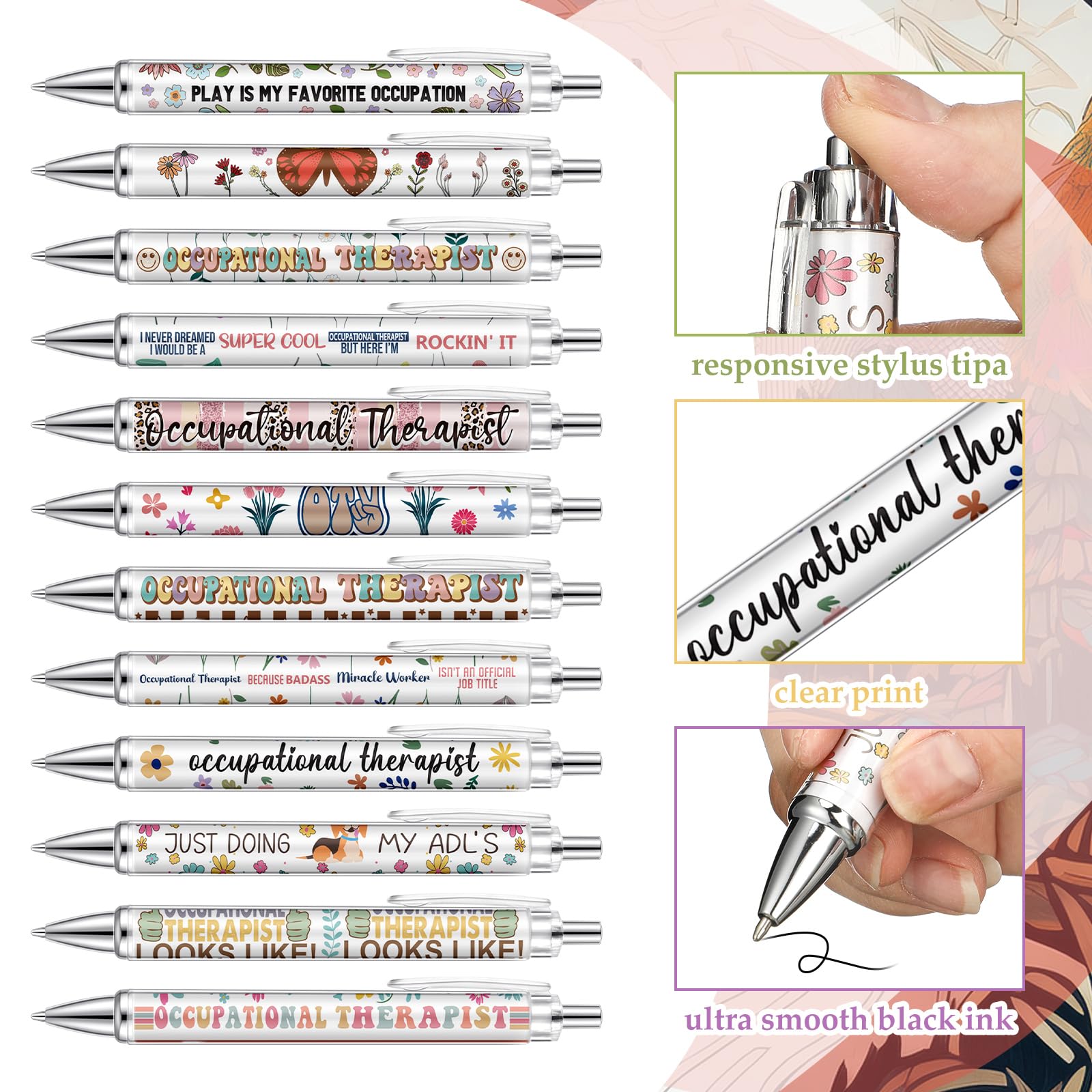 Motipuns 12 Pcs Occupational Therapy Month Gifts OT Appreciation Gifts Pens Occupational Therapist Ballpoint Pens OT Party Favors for Women Employees Staff Writing Stationery Office Holiday Supplies