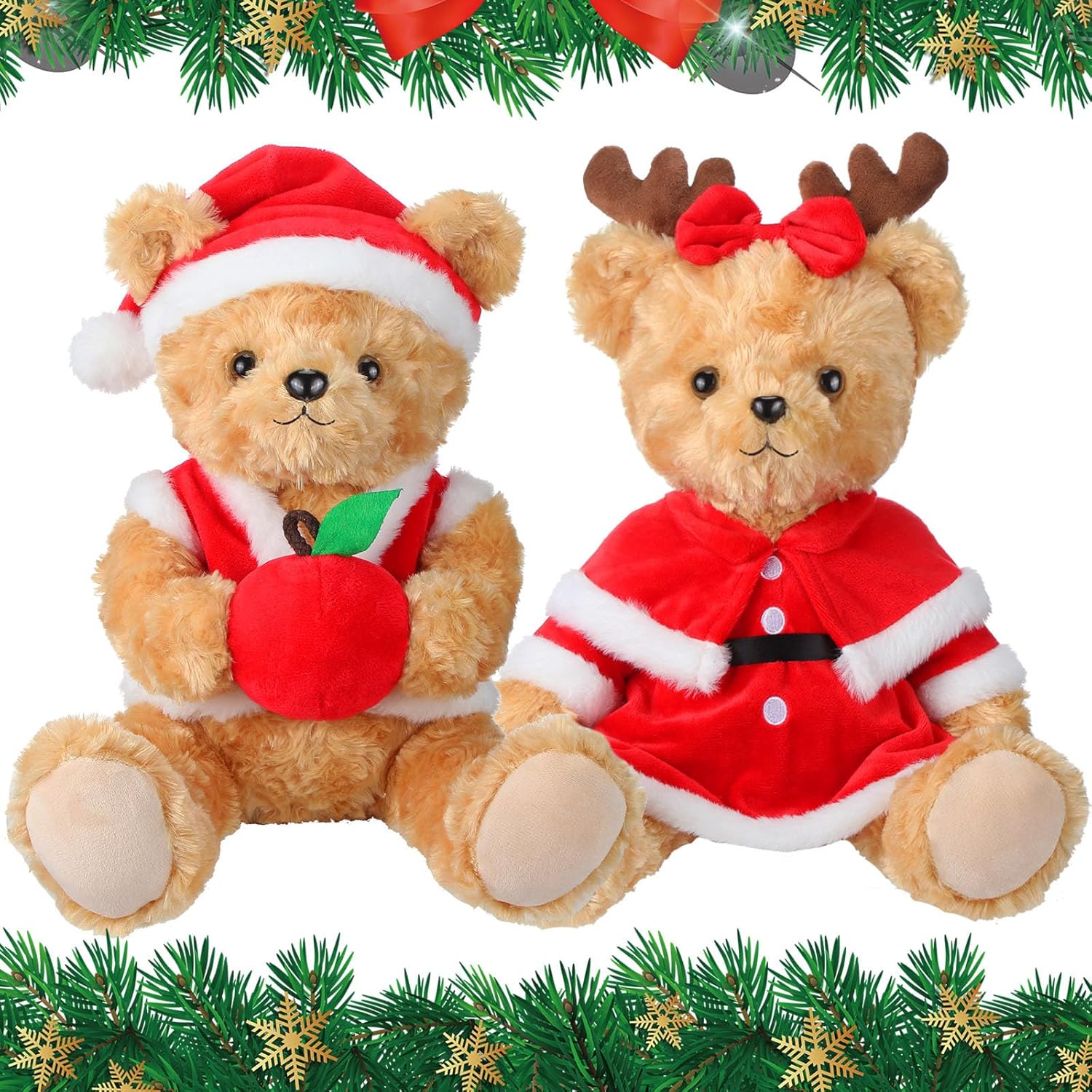 2 Pcs Christmas Bear Plush Animal Toys 10 Inch Cute Santa Hat Stuffed Red Vest Bear Dolls for Girls Women Holiday Birthday Party Decoration
