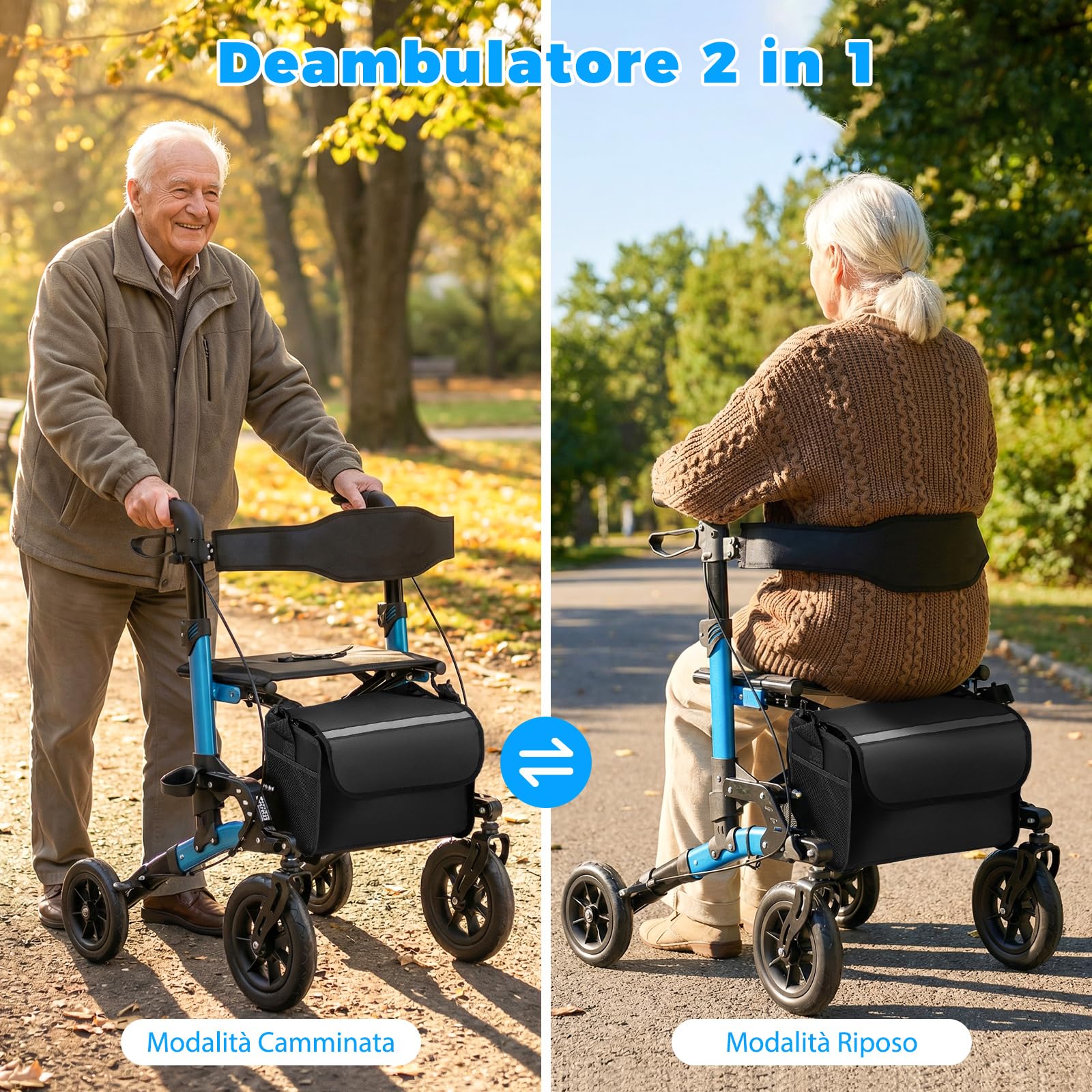 COSTWAY Deambulatore a Rotelle per Anziani, 2 in 1 Deambulatore Pieghevole con Seduta, Ammortizzatore, Schienale in Rete, Sospensione a Molla, 4 Ruote, Portacanne e Borsa Portaoggetti (Blu)