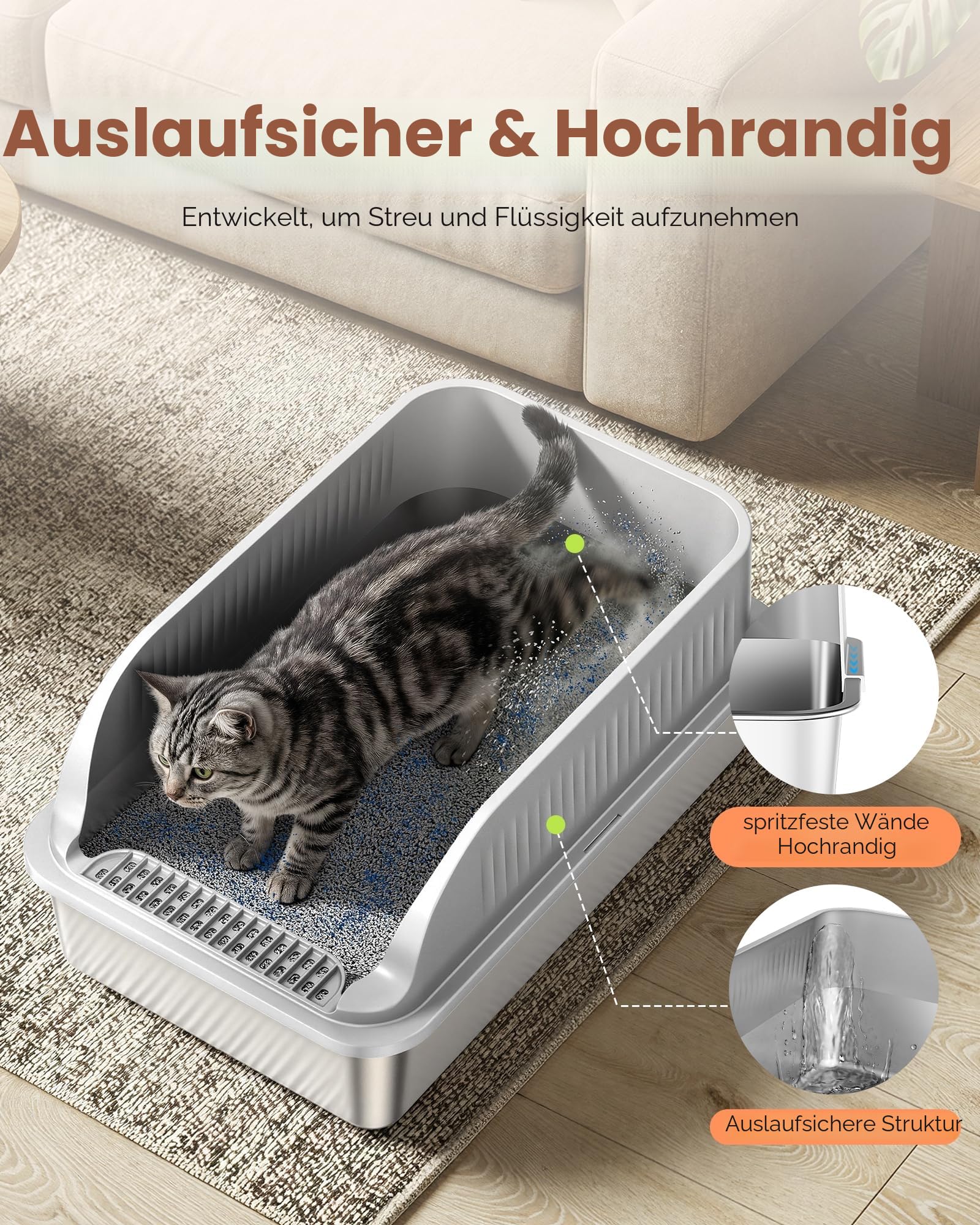 Katzenklo Edelstahl, Katzentoilette Groß XXL mit Schaufel, Katzenklo mit Abnehmbares Hoher Rand, Halbgeschlossene Katzentoilette Metall für Katzen, Geruchsfrei, Leicht zu Reinigen, Hellgrau