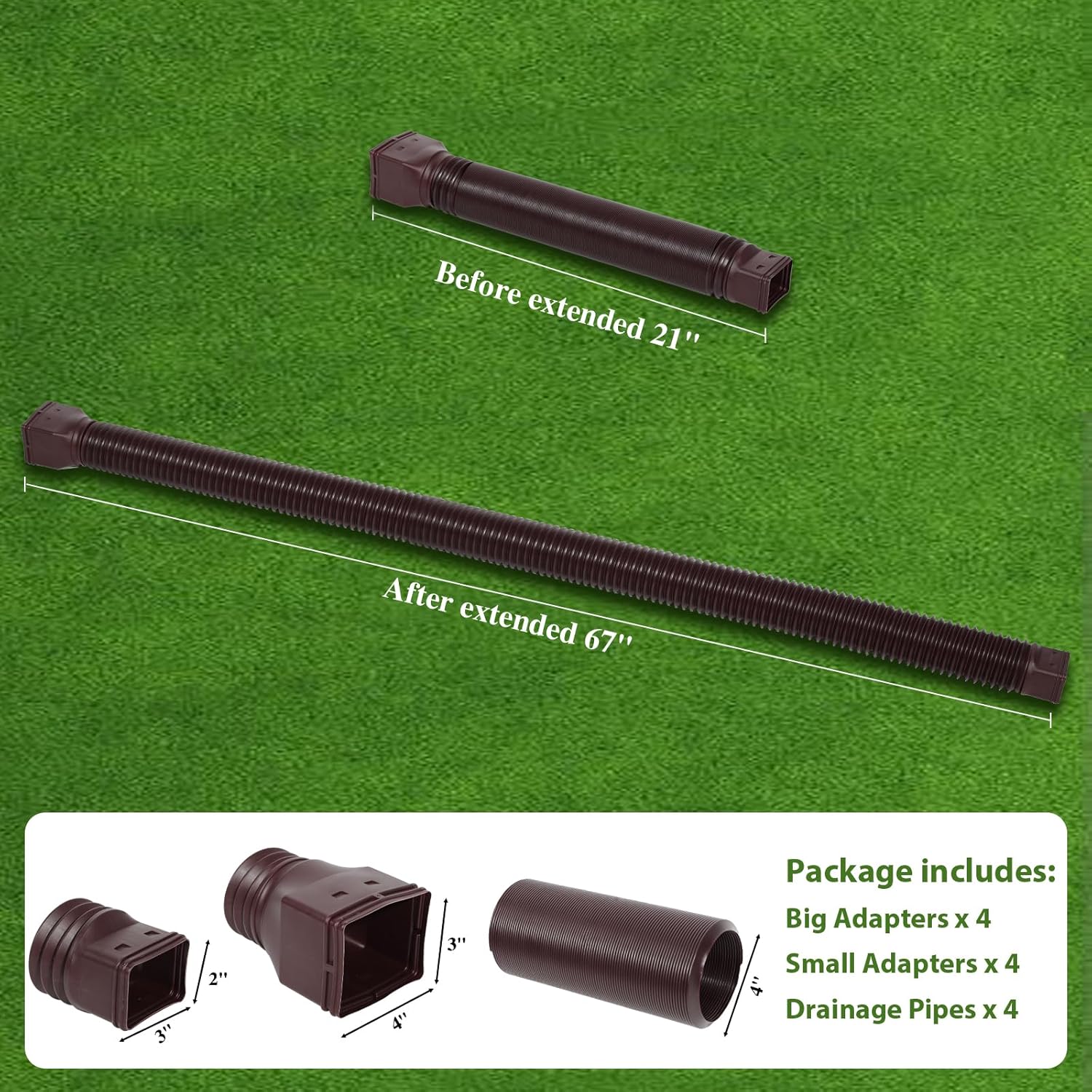 Gutterlix 4 Pack Flexible Gutter Downspout Extensions Extendable from 21" to 67", Downspout Extender Comes with Adapters, Thickened Down spout Drain Extension for Rainwater Drainage(Brown)