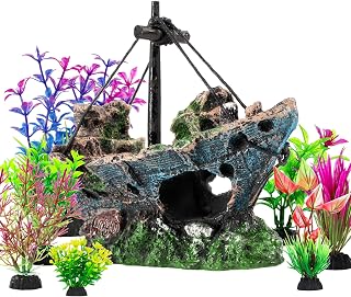 Xereooe 8PCS Fish Tank Sunken Ship Decor Set - Resin Shipwreck & 7 Aquatic Plants, Safe Fin-Protecting Aquarium Ornaments